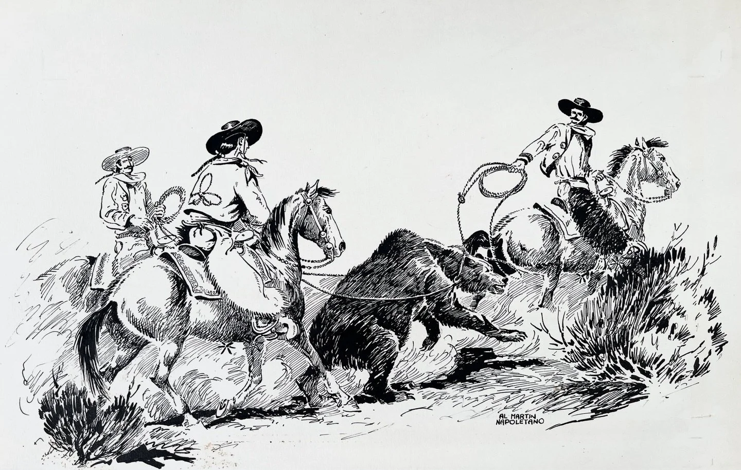 ✨ Vaqueros roping grizzly bear print by Al Martin Napoletano ✨
Available for purchase here: https://theoldspanishtrading.com/antique-western-art/iqwtl0c3y4ti3x0urzs7dxyjmfvx9z

Vintage 1950s &ldquo;CALIFORNIO VAQUEROS ROPING A GRIZZLY BEAR&rdquo; art