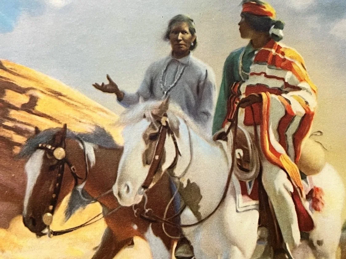 ✨ Vintage 1940&rsquo;s Fred Harvey era Navajo Men on Horseback Santa Fe Railroad Ad ✨
Available here: https://theoldspanishtrading.com/antique-western-art/fharvey

Beautiful colors, measures 12&rdquo; x 10&rdquo; and is ready to frame.