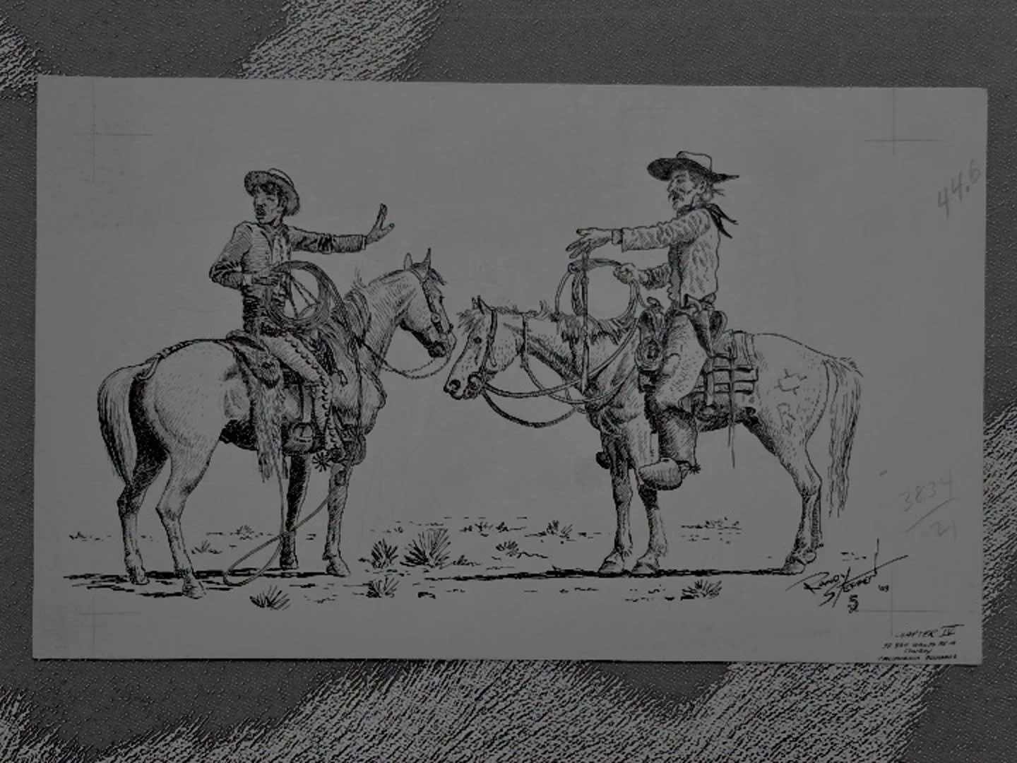 An original pen and ink drawing from 1949 by Western Horseman illustrator and artist Randy Steffen. This drawing of two cowboys was for a magazine article titled &ldquo;So You Want To Be a Cowboy&rdquo; and was labeled &ldquo;California Buckaroo&rdqu