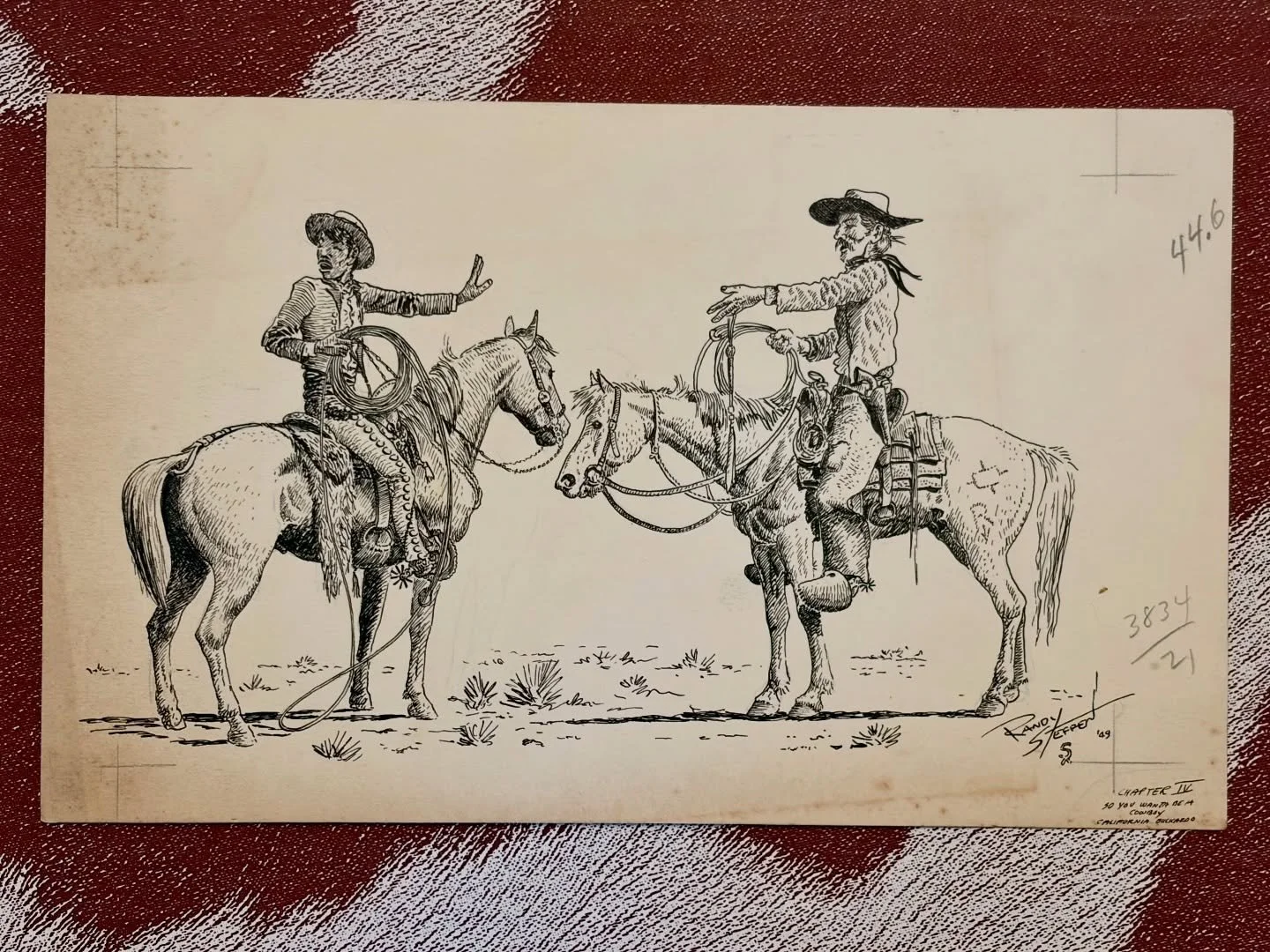 An original pen and ink drawing from 1949 by Western Horseman illustrator and artist Randy Steffen. This drawing of two cowboys was for a magazine article titled &ldquo;So You Want To Be a Cowboy&rdquo; and was labeled &ldquo;California Buckaroo&rdqu