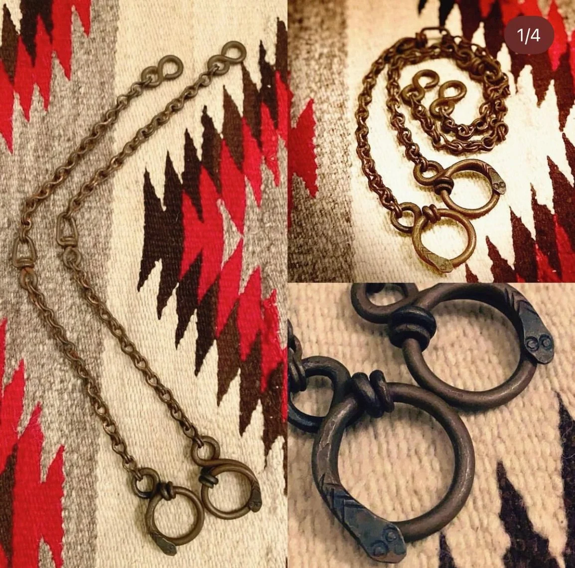 I just got a large batch of our Antique style snake rein chains in.  With hand forged iron snakes fashioned into rings by The Old Spanish Trading Company.  I based these off a 100+ year old California spade snake bit with snake chains that I own.  I 