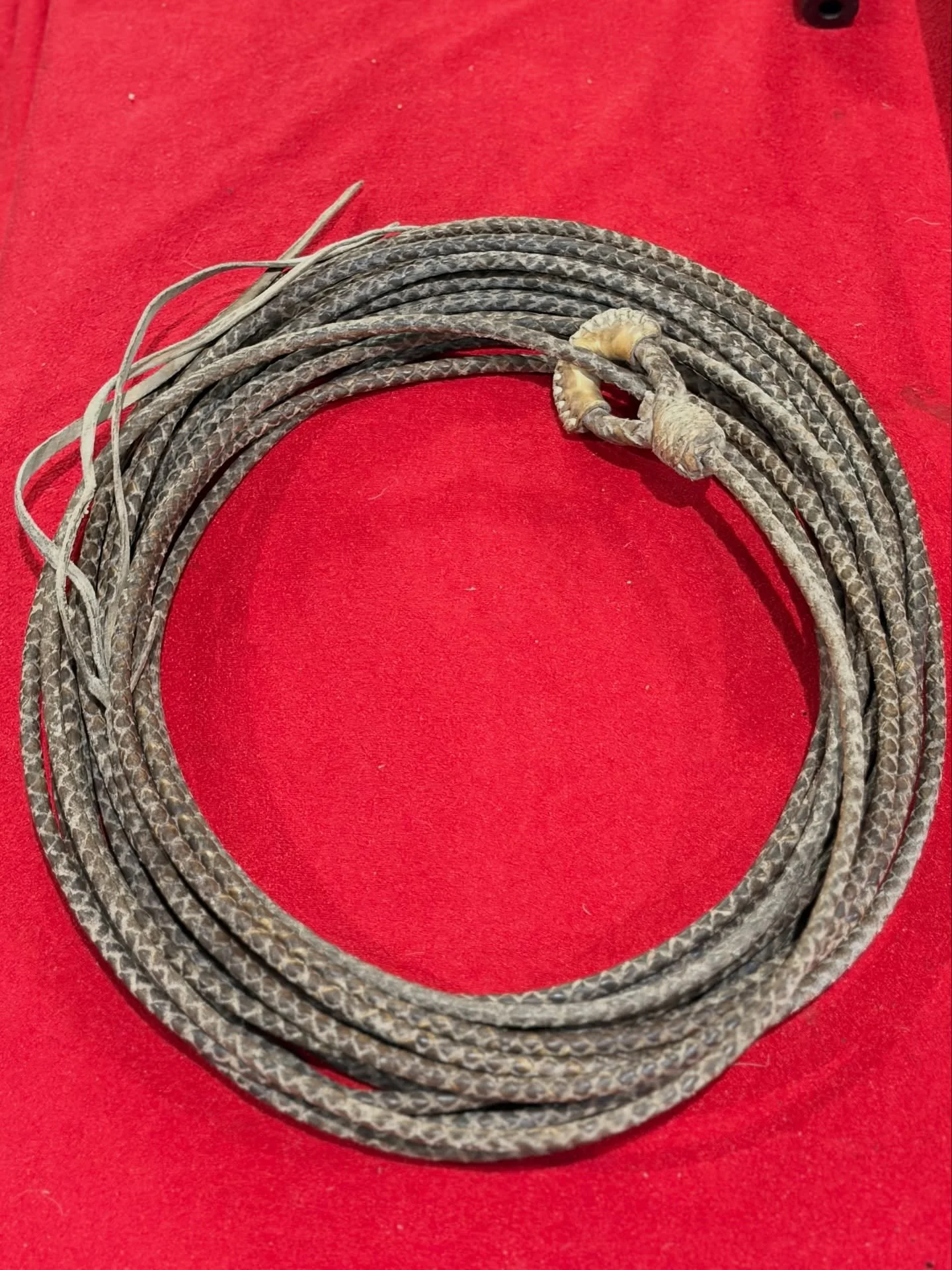 California made rawhide reata. 3/8&rdquo; wide and 60 feet long. This four strand reata is in perfect condition. This reata is the real deal. I purchased it from the collection of one of the top California bit and spur collectors of the time. It has 