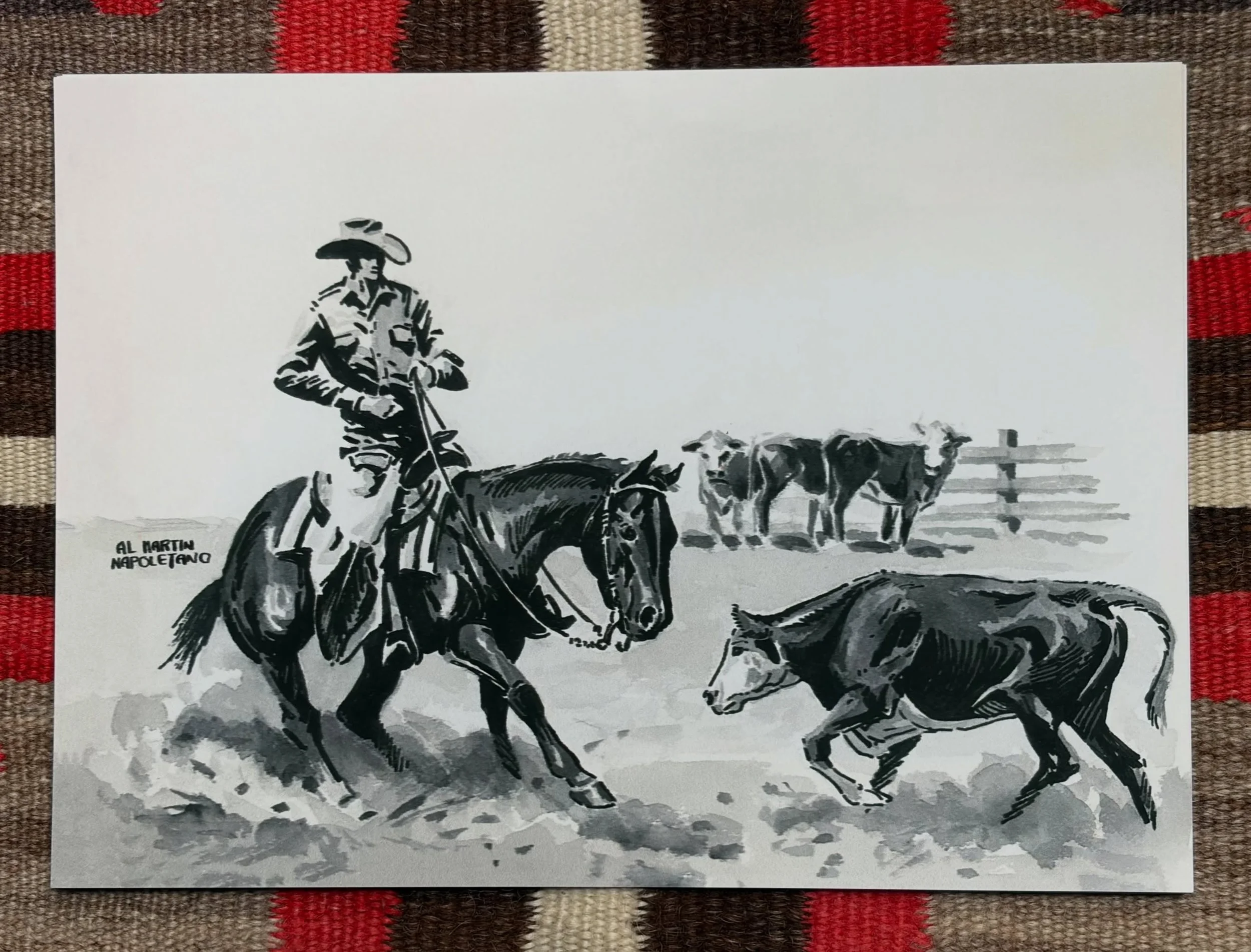 ✨Vintage Cutting Horse print by Al Martin Napoletano✨
Available here: https://theoldspanishtrading.com/antique-western-art/cutting-horse 

Vintage 1950s &ldquo;CUTTING HORSE AND RIDER&rdquo; print by Western Horseman artist Al Martin Napoletano 

Vin