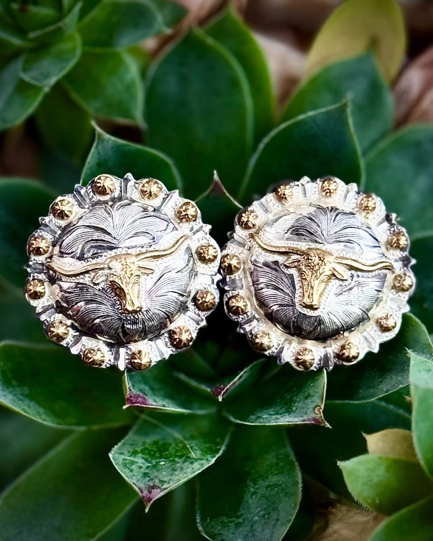 Vintage sterling and gold longhorn concho earrings

Available here: https://theoldspanishtrading.com/silver-buckles-and-conchos/long-horns 
Vintage sterling and gold scalloped concho earrings with 14k gold longhorn steers by Mortenson Silver and Sadd