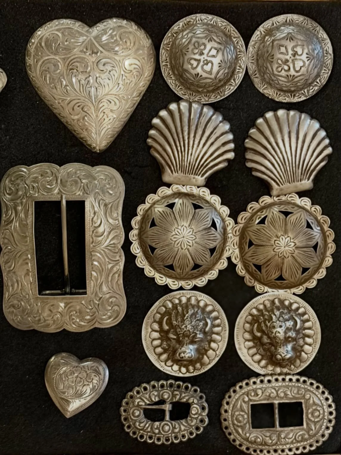 I have lots of sterling loopback conchos in the shop. All these are in stock and ready to ship and measure 2&rdquo; +. They&rsquo;re the perfect size for a bridle or spur straps. Pm me for info on any of these. Or shop via the link in my bio.