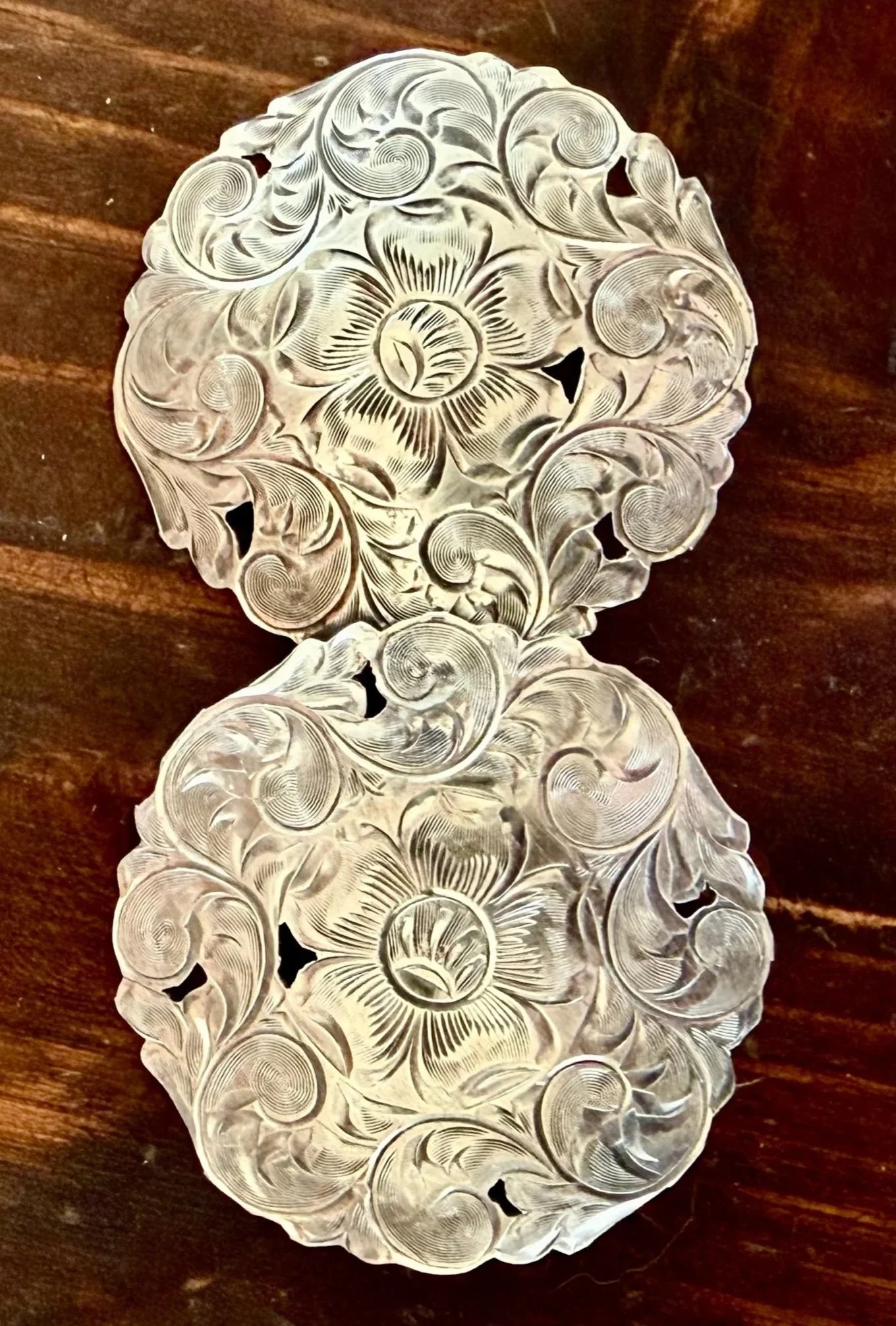 Large 2" Vintage California Style Floral Filigree Conchos marked 'STERLING'