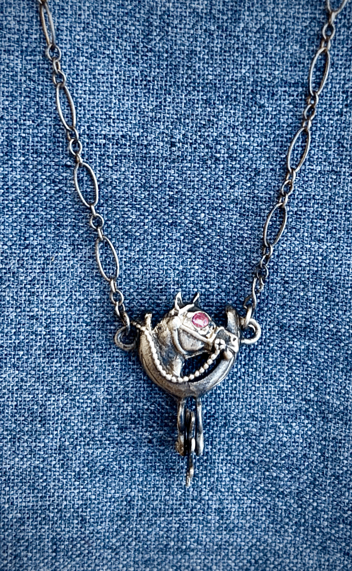 Antique Sterling Silver Western Spur and Horse Pendant with Ruby Eyes