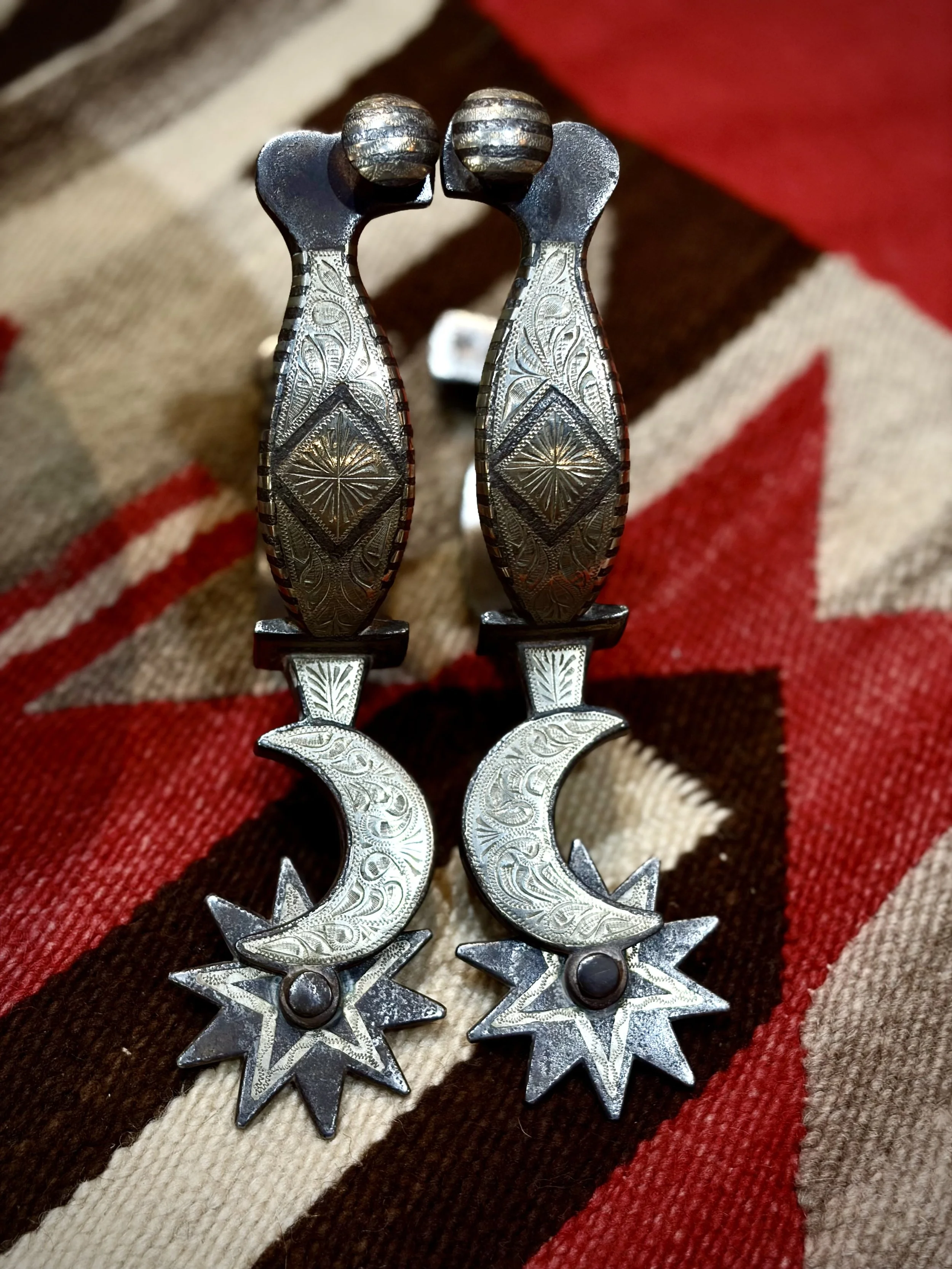 Exquisite Vintage California Inlaid Sterling Silver Crescent Moon and Star Rowel Spurs