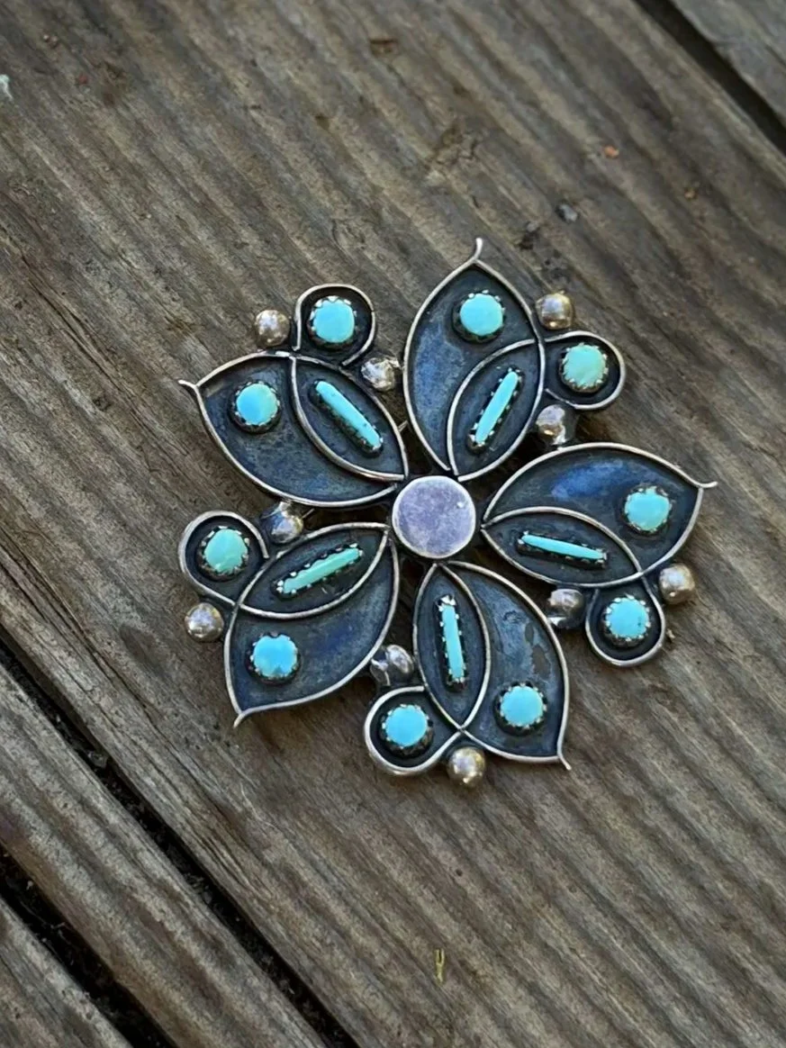 1940s Zuni Pin with sterling silver and turquoise - SIGNED