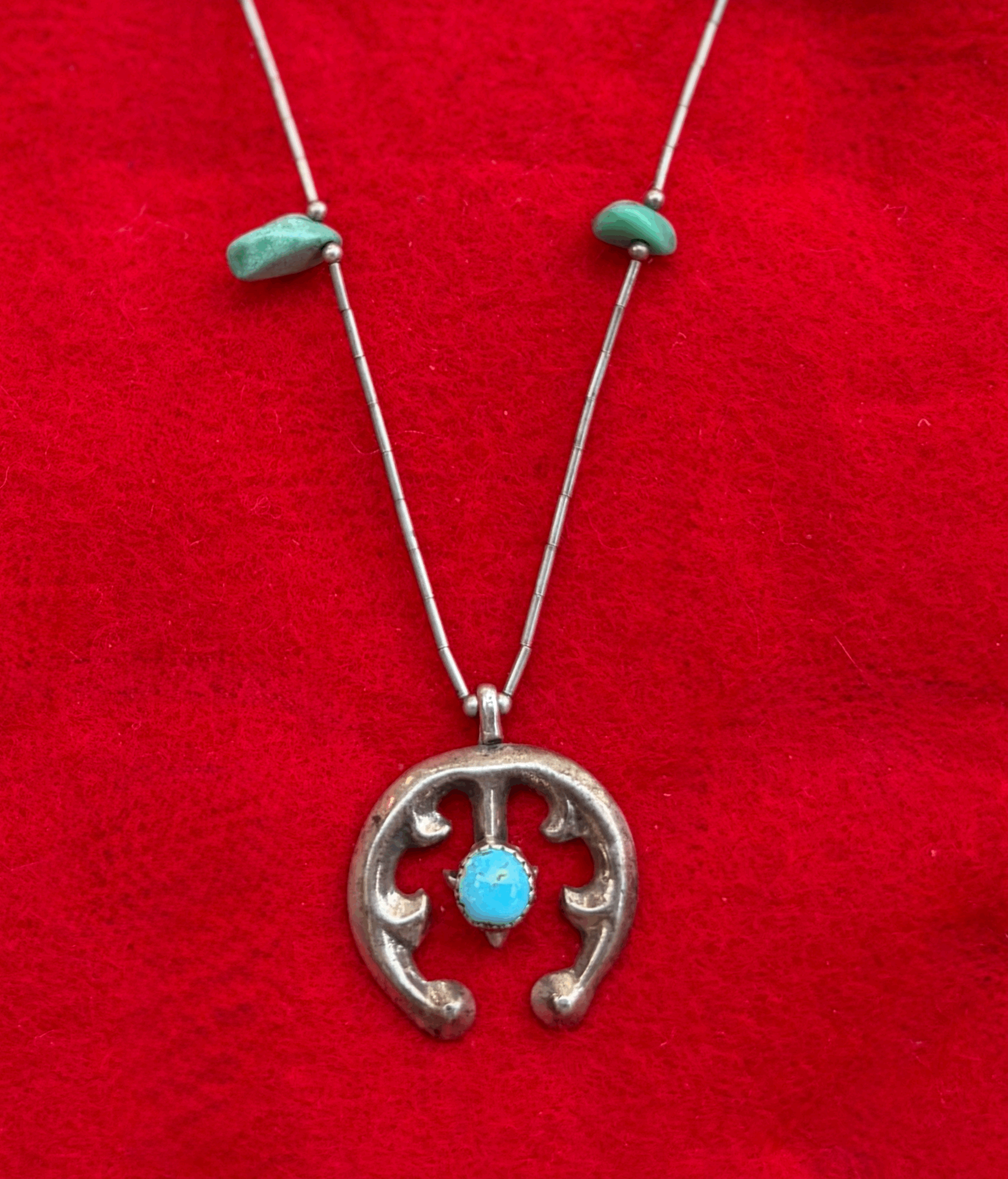 Vintage Navajo sandcast sterling silver Naja and turquoise  pendant necklace