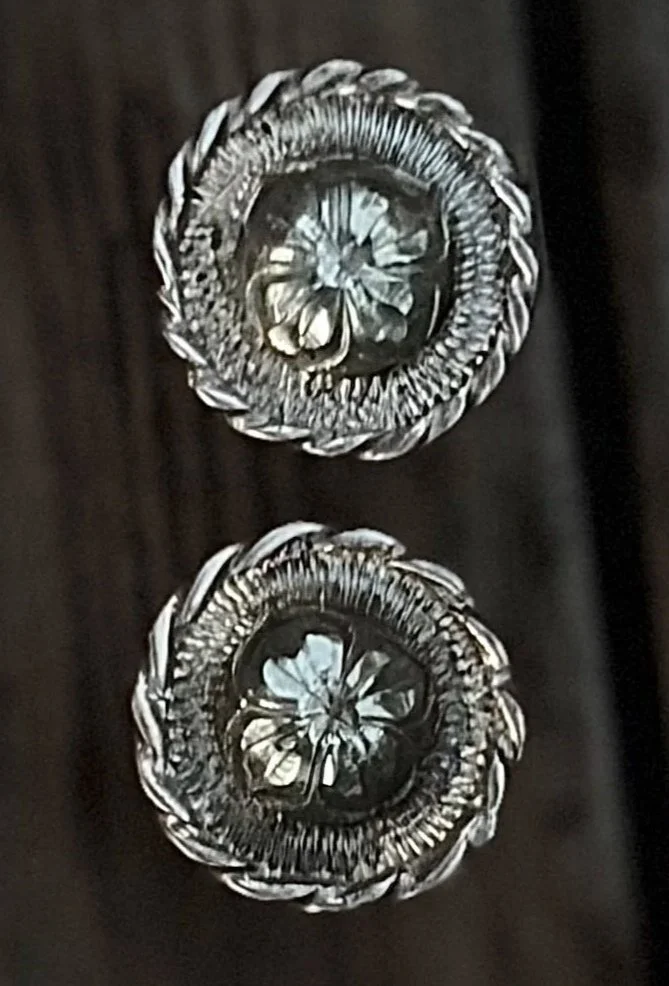 Vintage sterling silver bridle end conchos 5/8" across - rope edge with domed centers