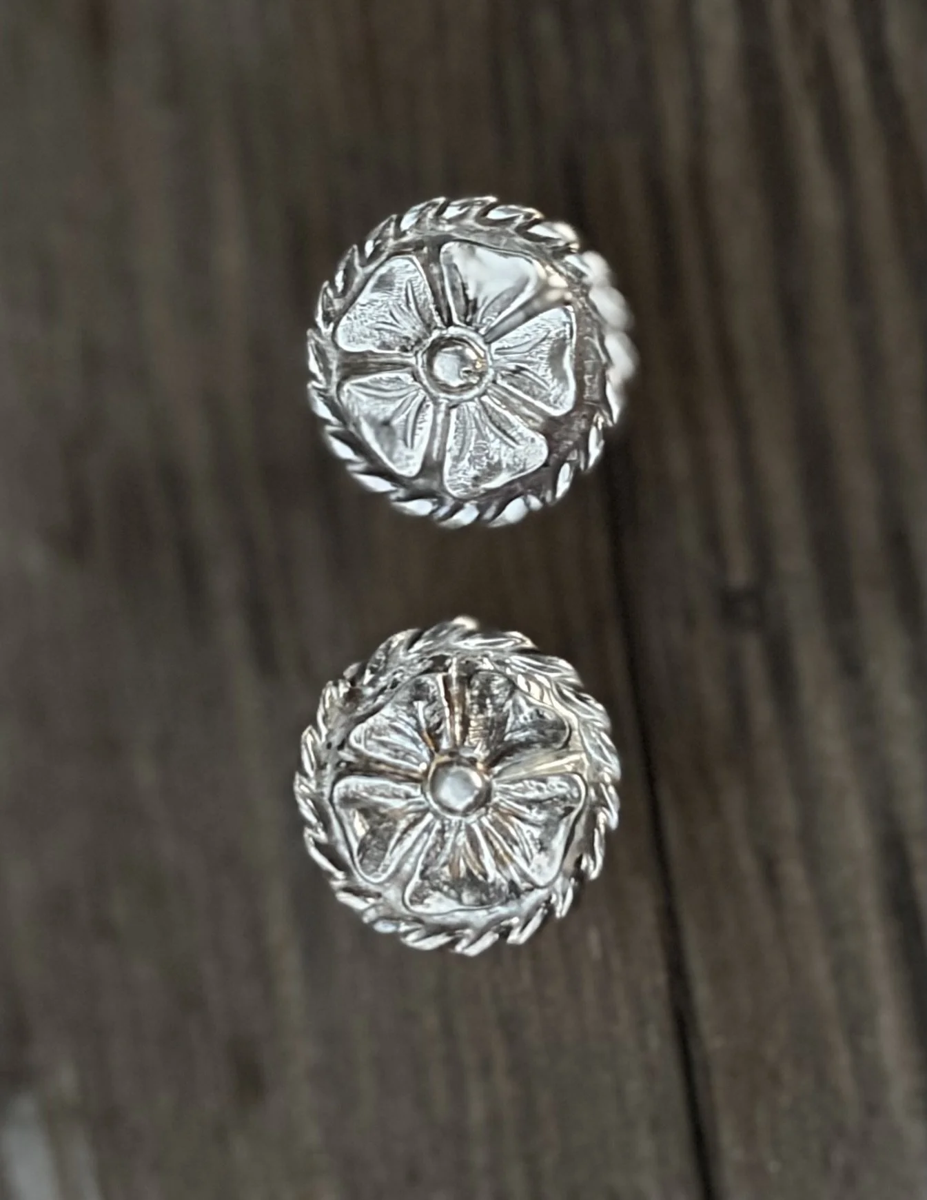 FANCY Vintage sterling silver bridle end conchos 5/8" across - rope edge with large flower centers
