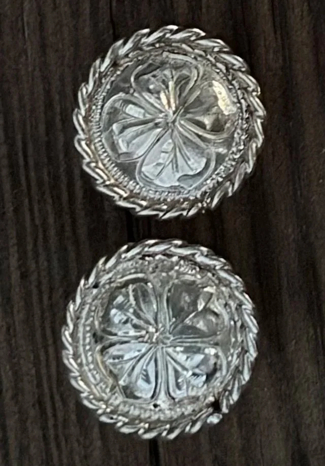 Vintage sterling silver bridle end conchos 5/8" across - rope edge with flower centers