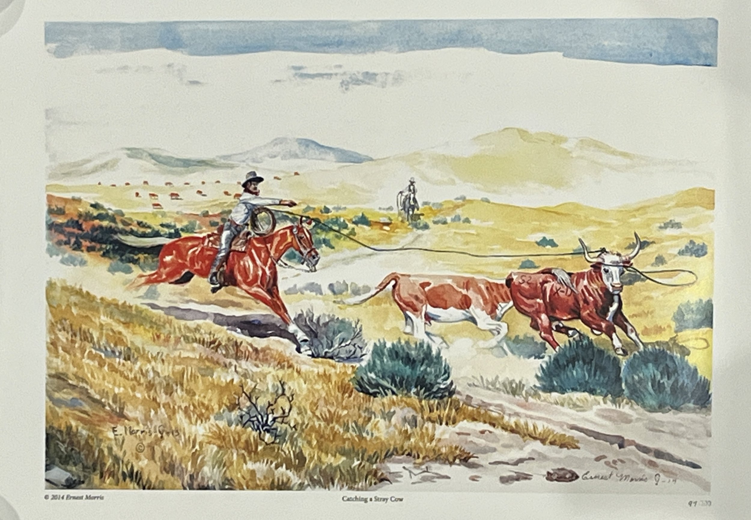 Scarce Signed and Numbered Ernie Morris Print "Catching a Stray Cow"