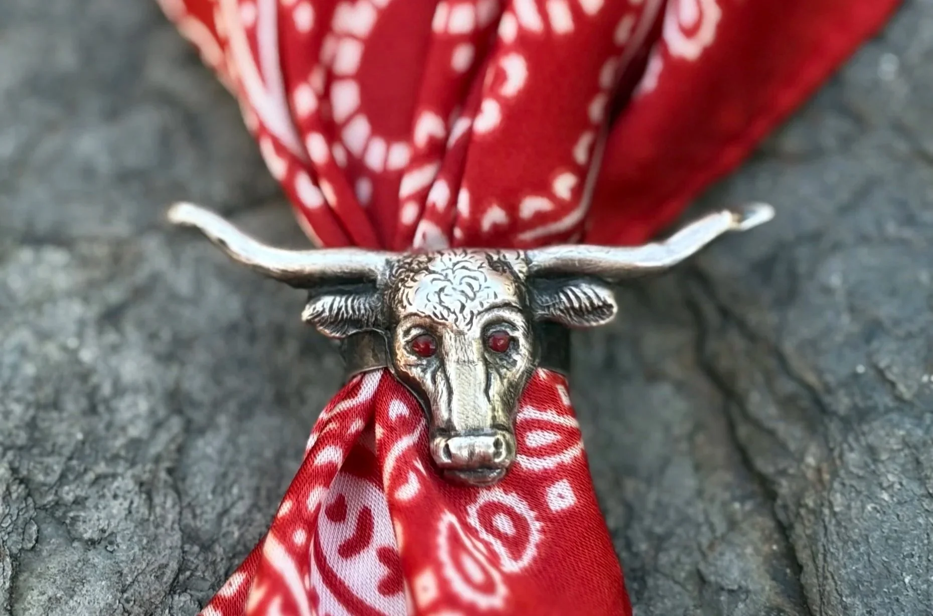 Antique Sterling Silver Longhorn Steer Scarf Slide with ruby eyes
