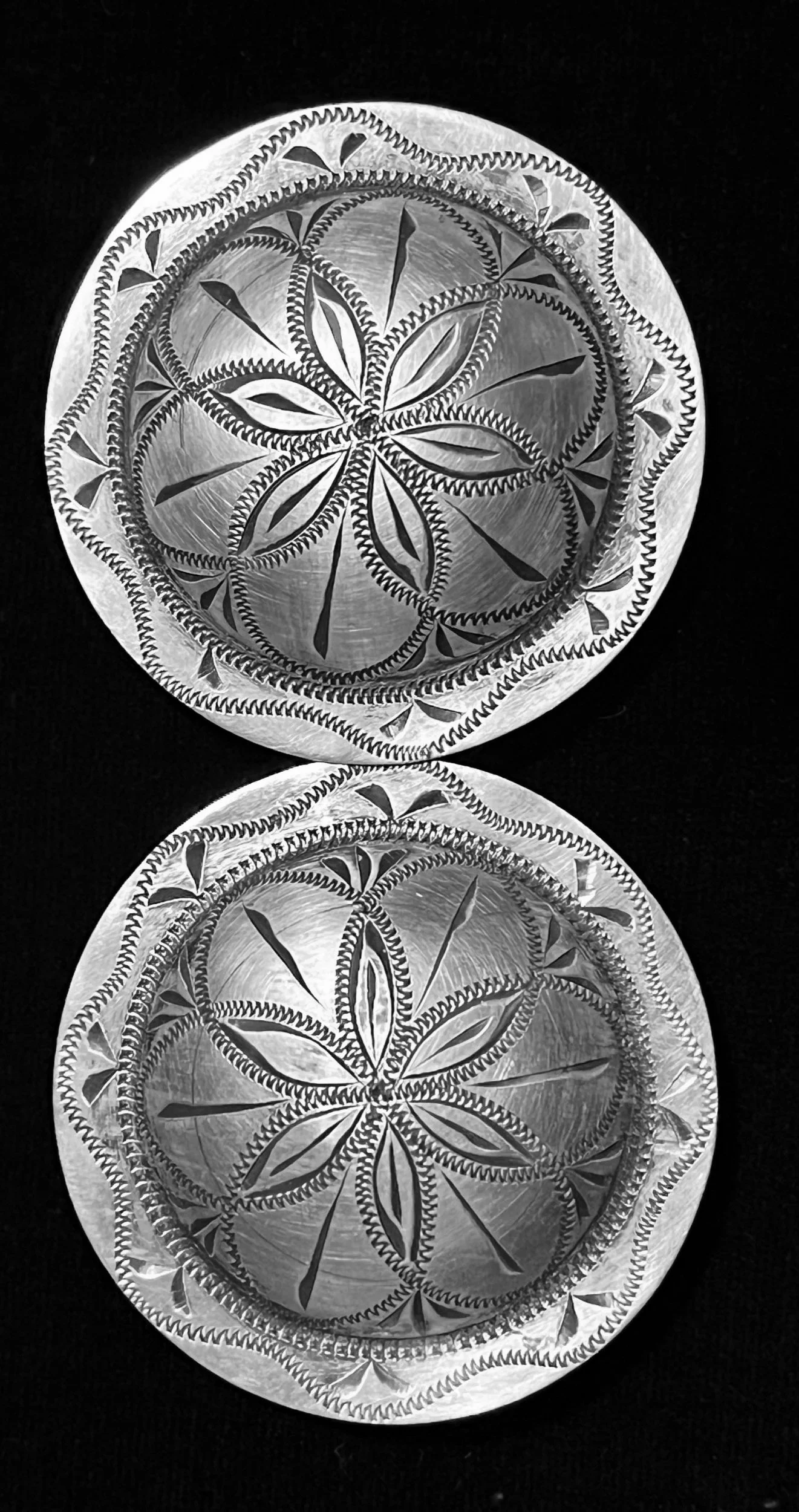 Engraved Western Flower Petal Sterling Silver Bridle / Spur Conchos
