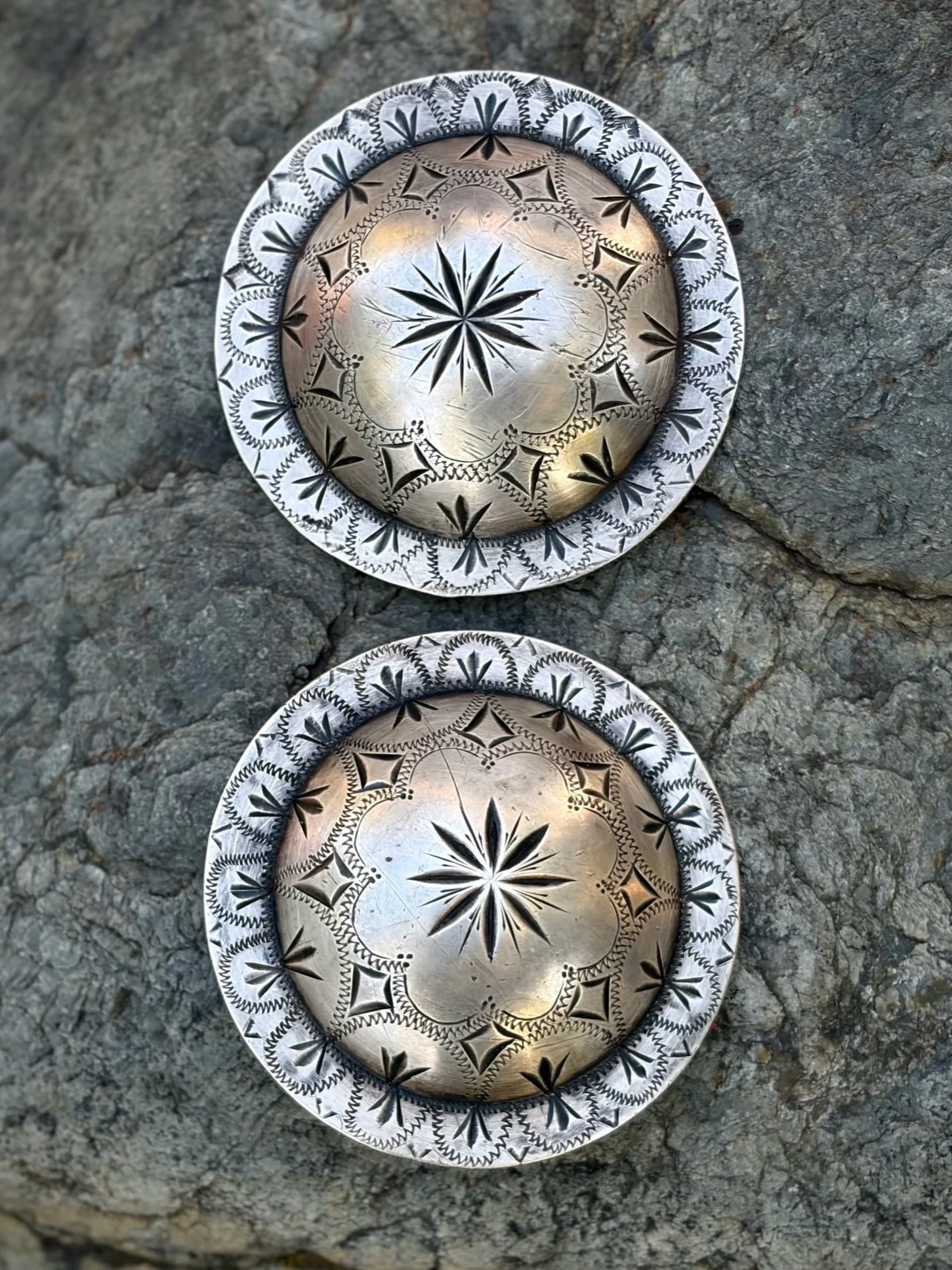 HUGE 3 1/2" Antique Sterling Silver Visalia Pattern Engraved Conchos