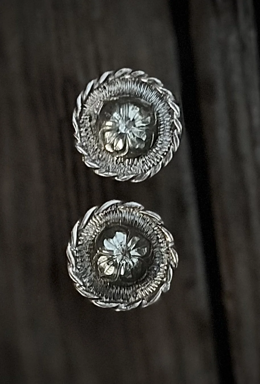 Vintage sterling silver bridle end conchos 5/8" across - rope edge with domed centers
