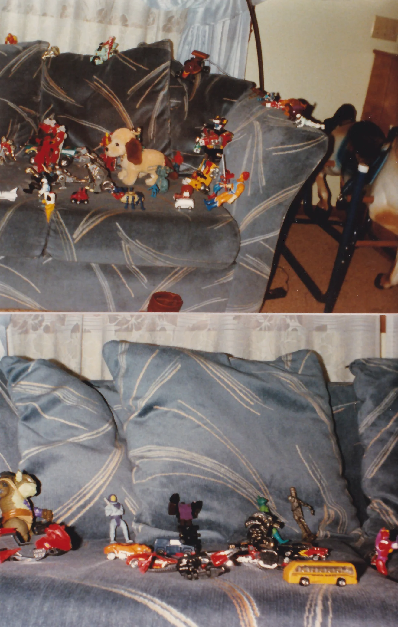 Ryan's Great Couch Wars of 1987. There's a lot going on here, Transformers, Voltron, Star Wars, ThunderCats, M.A.S.K., and some I can't remember. Rock Lords! And notice the bouncy hobby horse in the right corner of the first picture. 
