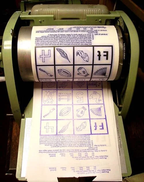 Oh, the mimeograph machine. We need to make a scratch-n-sniff sticker for this thing.