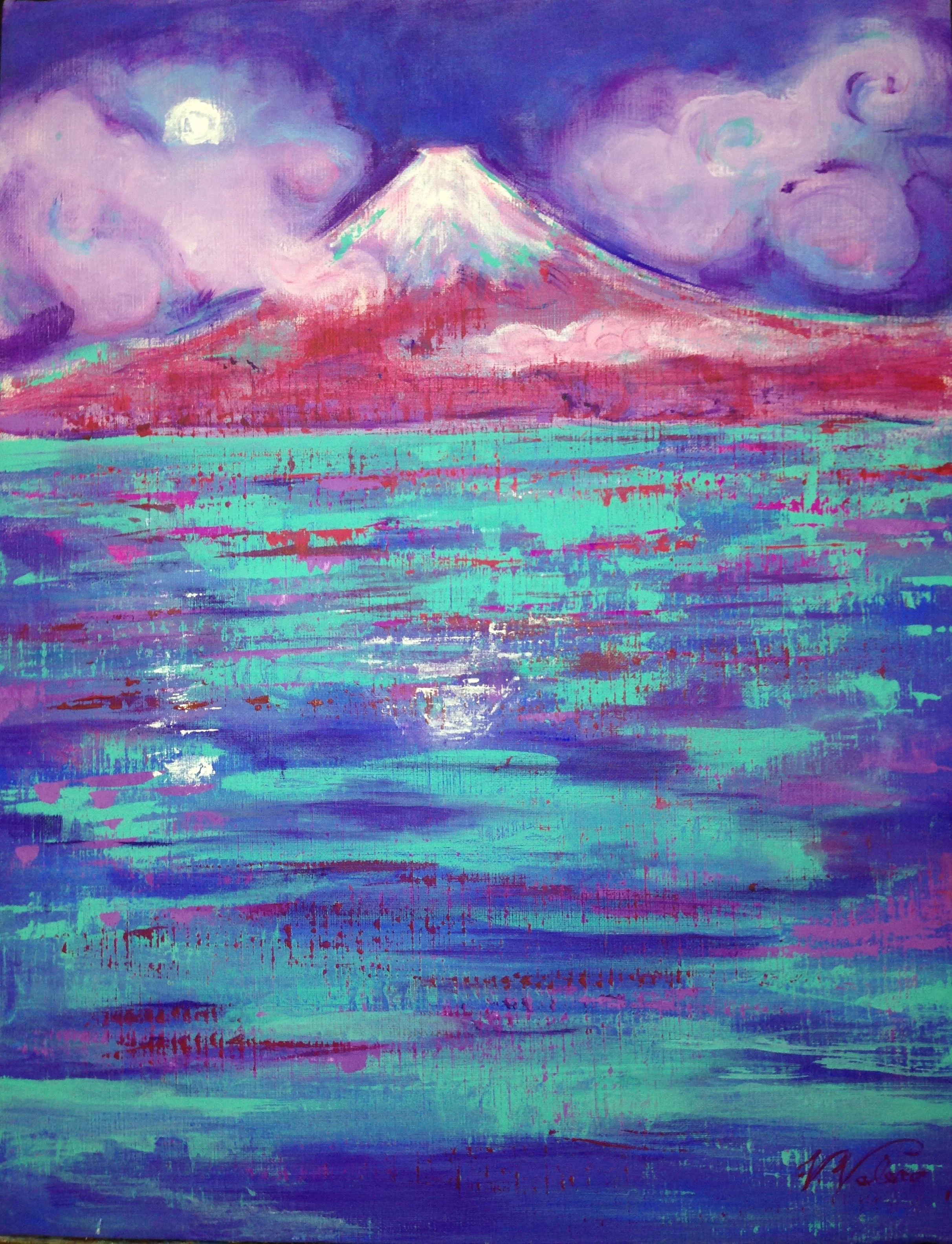 "Red Fuji at Night" “Fuji Rojo de noche” SOLD 51 x 41 cm (21 x 16 ") acrylic on canvas