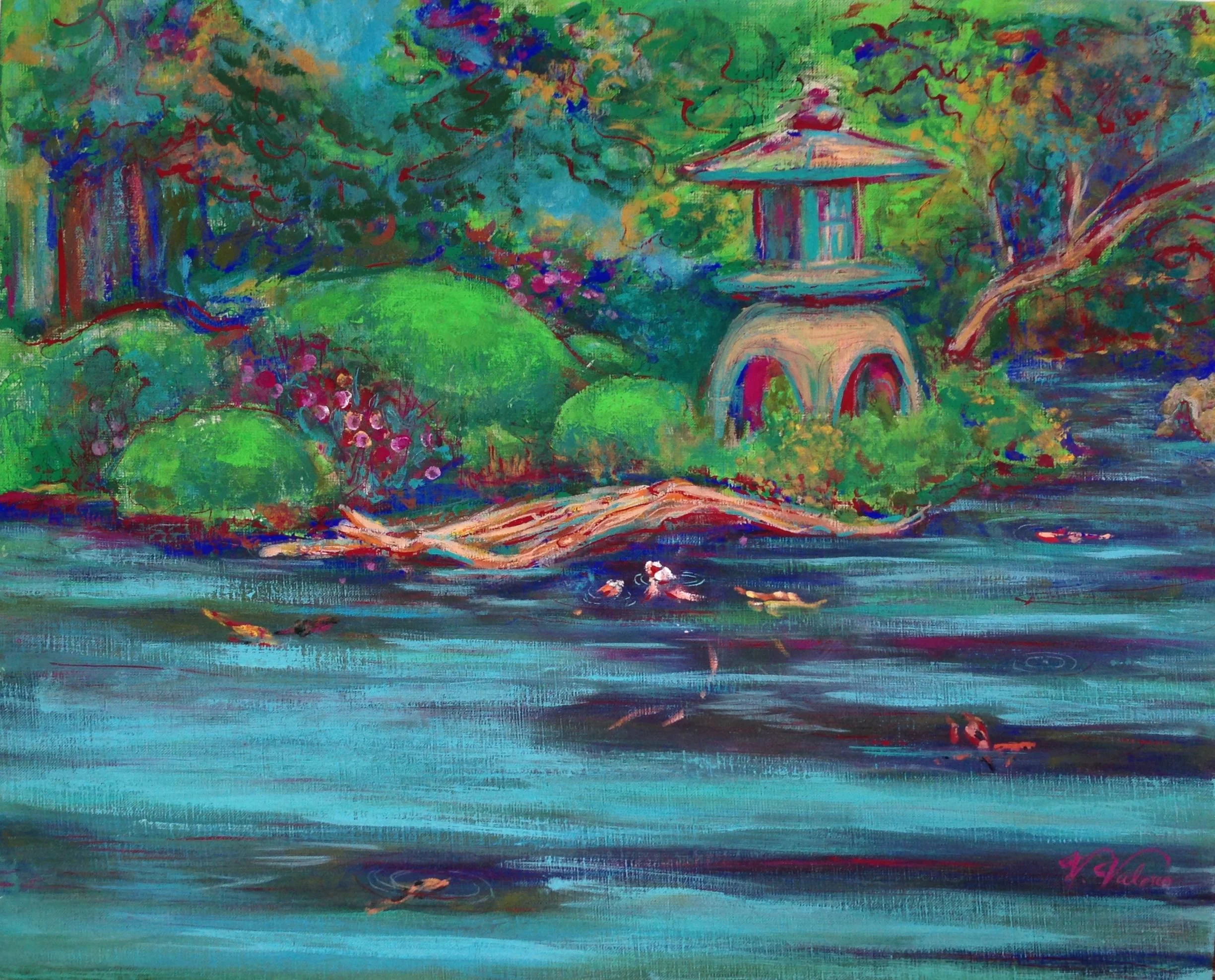 "Stone Lantern with Carp" “Linterna de Piedra con Carpa” 130,000 Yen 53 x 65 cm (21 x 25.5 ") acrylic on canvas