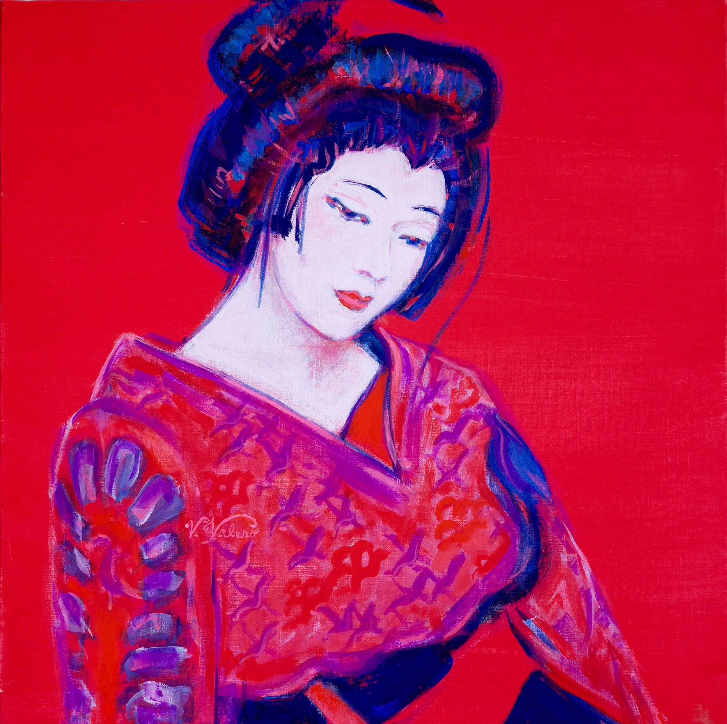"Passion in Red" "Rojo Pasión" 210,000 Yen (includes made to measure acrylic (methacrylate) box frame size 59 x 59 cm) 53 x 53 cm (21 x 21") with frame 59 x 59 cm acrylic on canvas