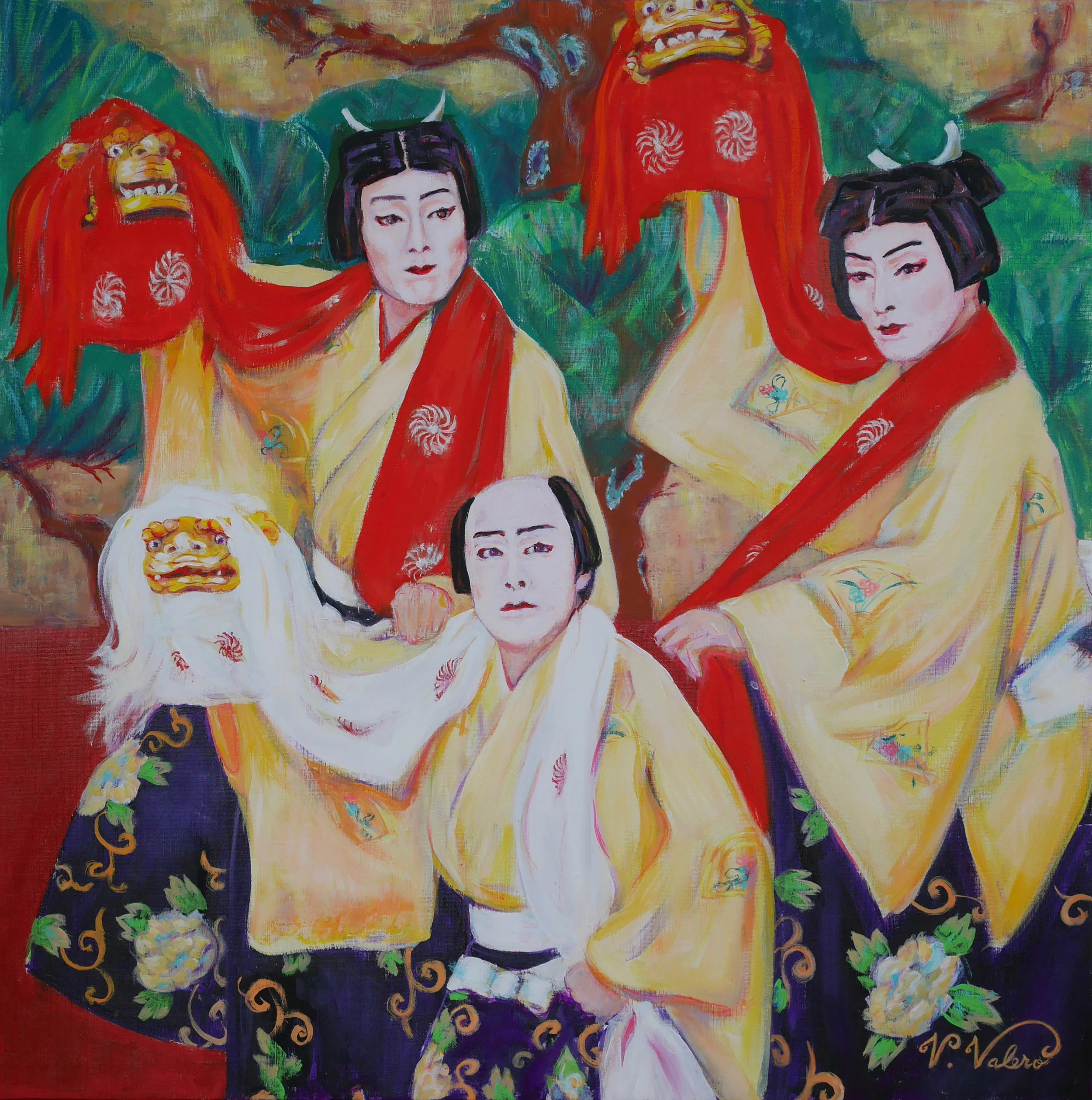 " Nakamura Family Lion Dance" "Danza de León de la Familia Nakamura" 230,000 Yen 73 x 73 cm (29 x 29") acrylic on canvas