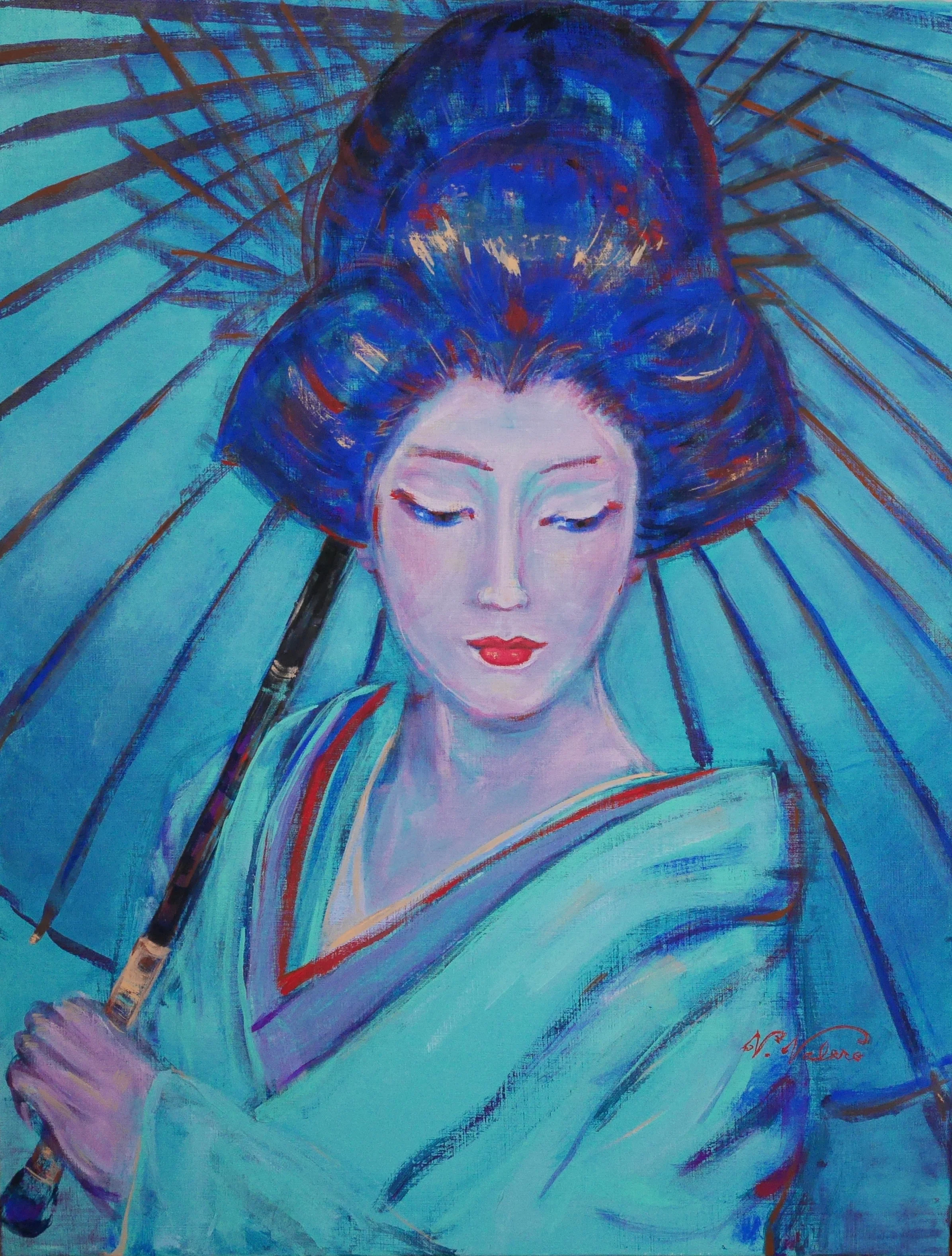 "The Blue Parasol" "La Sombrilla Azul" SOLD 65 x 50 cm (25.5 x 20") acrylic on canvas