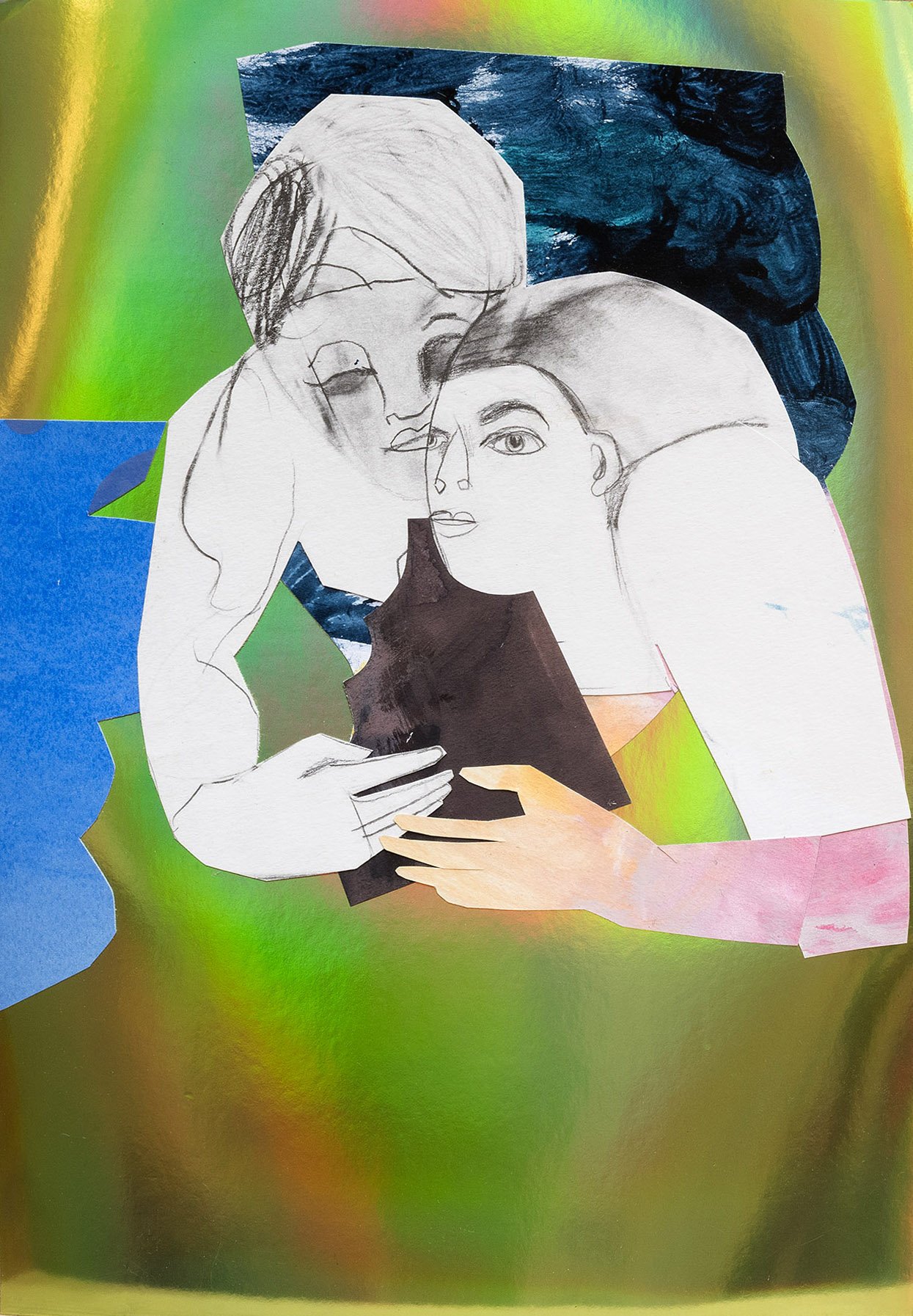 fountains 02, 2026 _ pencil, watercolour, collage on metallic paper _ 33 × 24 cm 