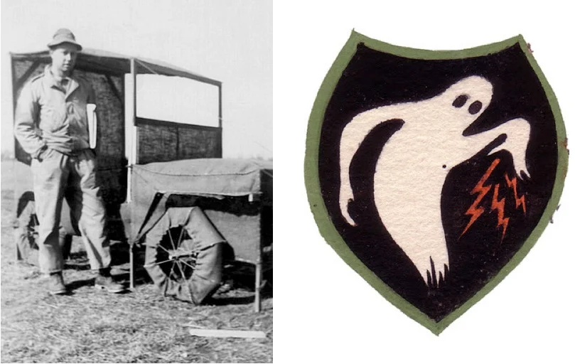 Ellsworth Kelly next to a faux jeep made of burlap and wood, 1943 (left). Ghost Army Insignia circa 1944 (right).