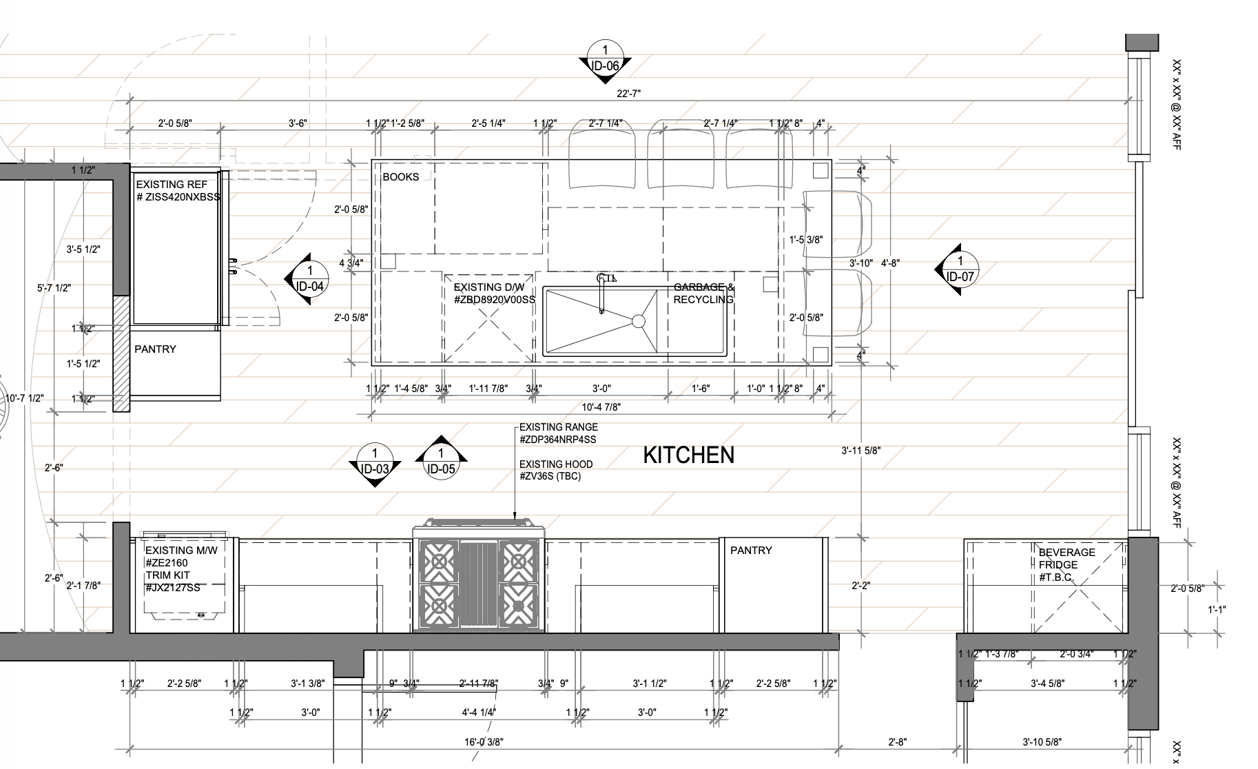 Technical drawing of kitchen floorplan, shown with dimensions.