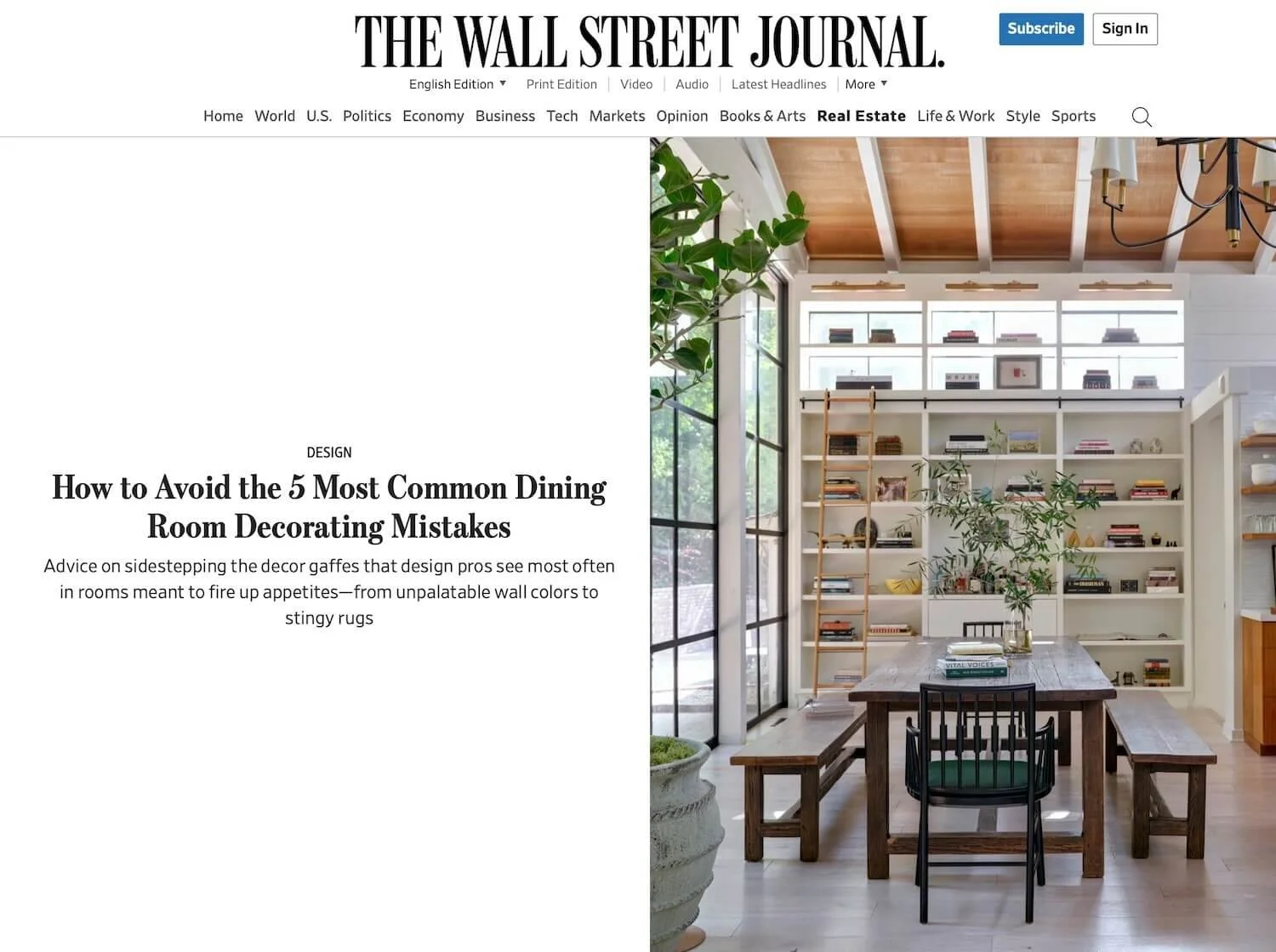 The Wall Street Journal Real Estate section cover, homes and interiors