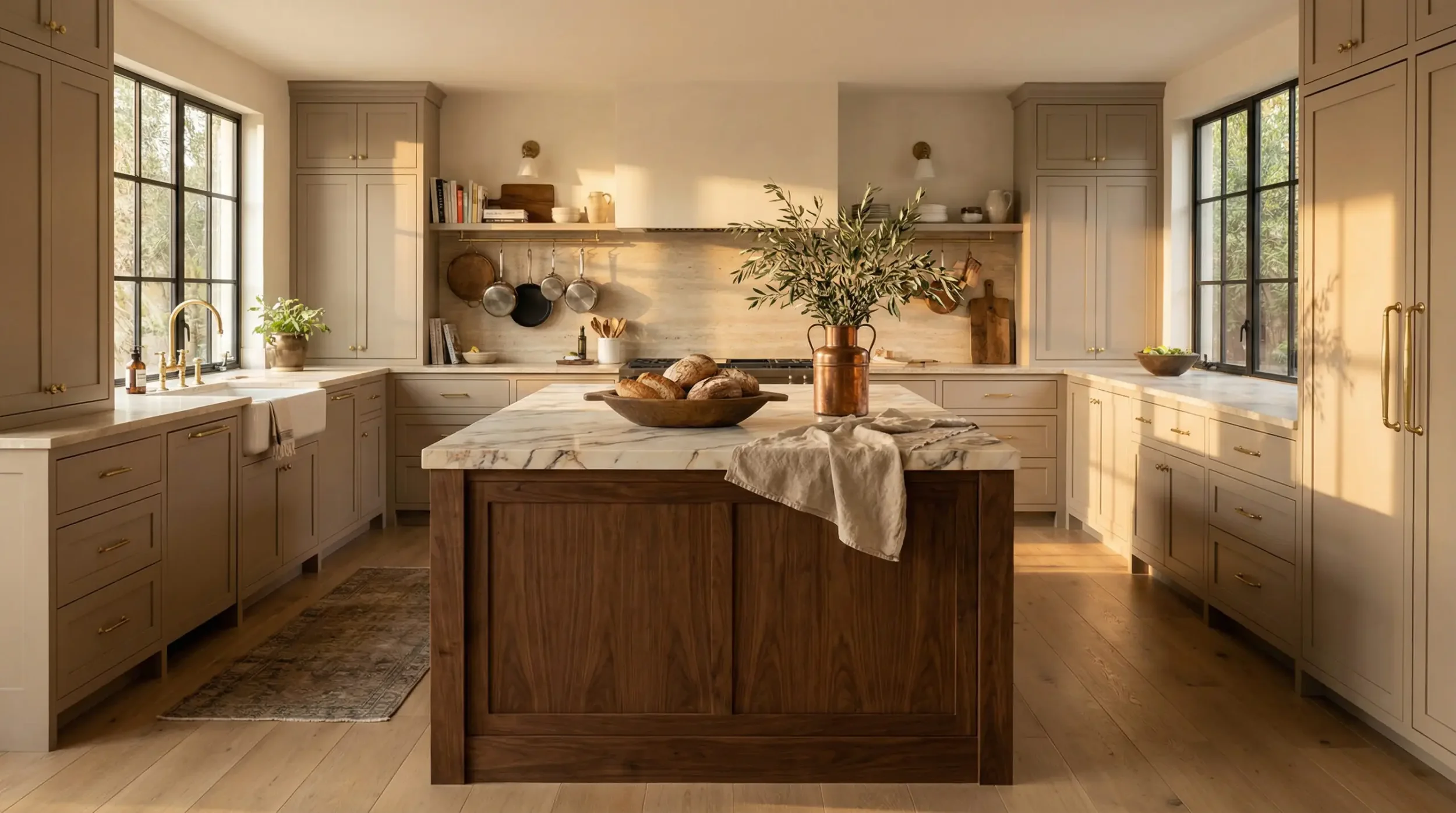 Inspiration image of a neutral U-shape kitchen with large wood island.