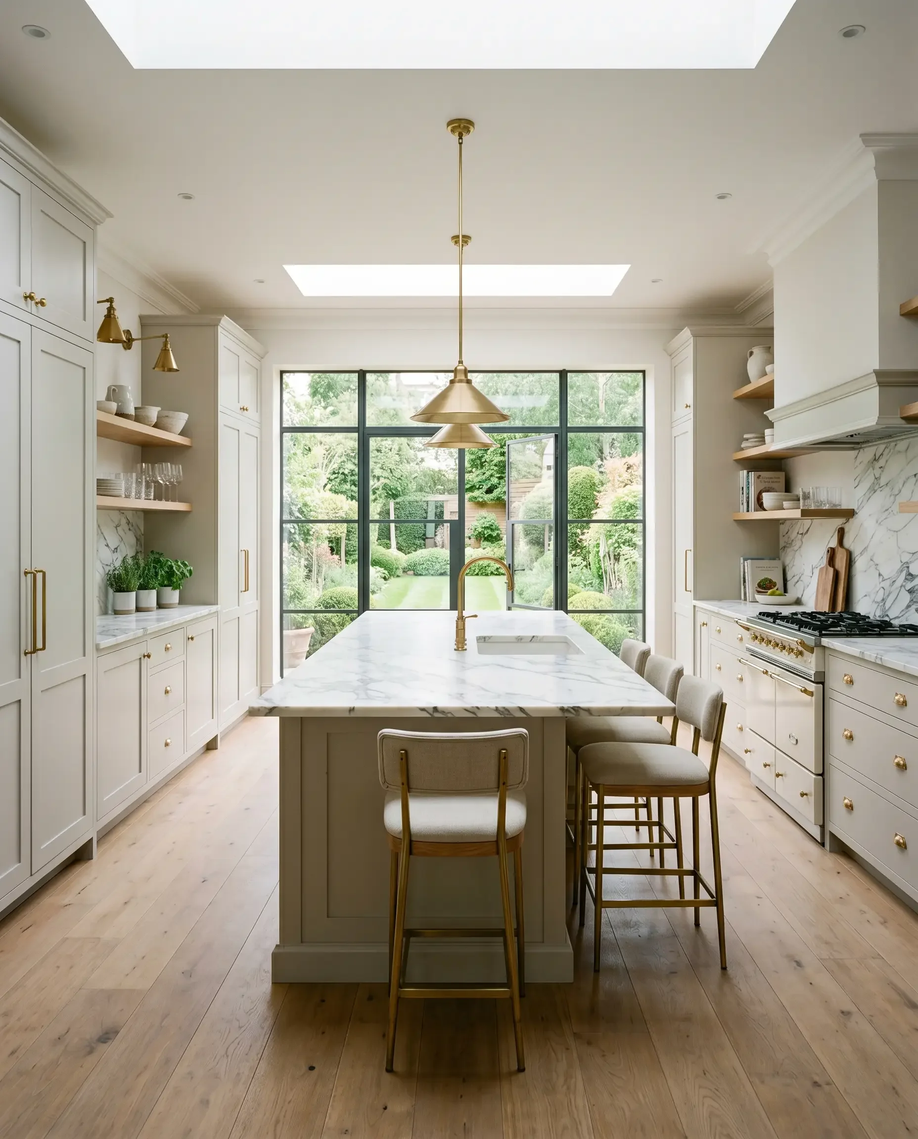 Inspiration image of kitchen in soothing shade of grey-green with marble countertops.