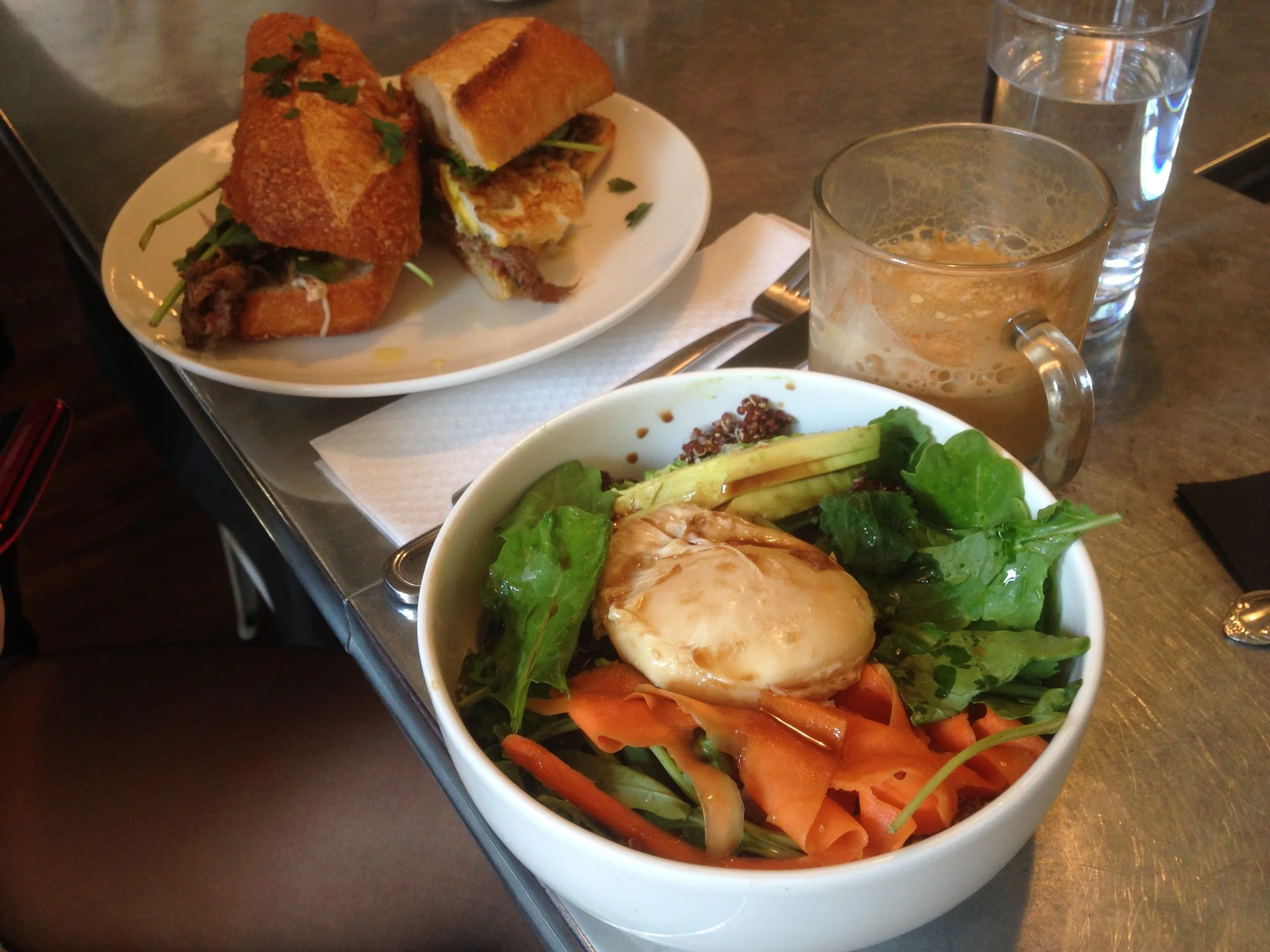 A steak sandwich and a bowl of Spandex