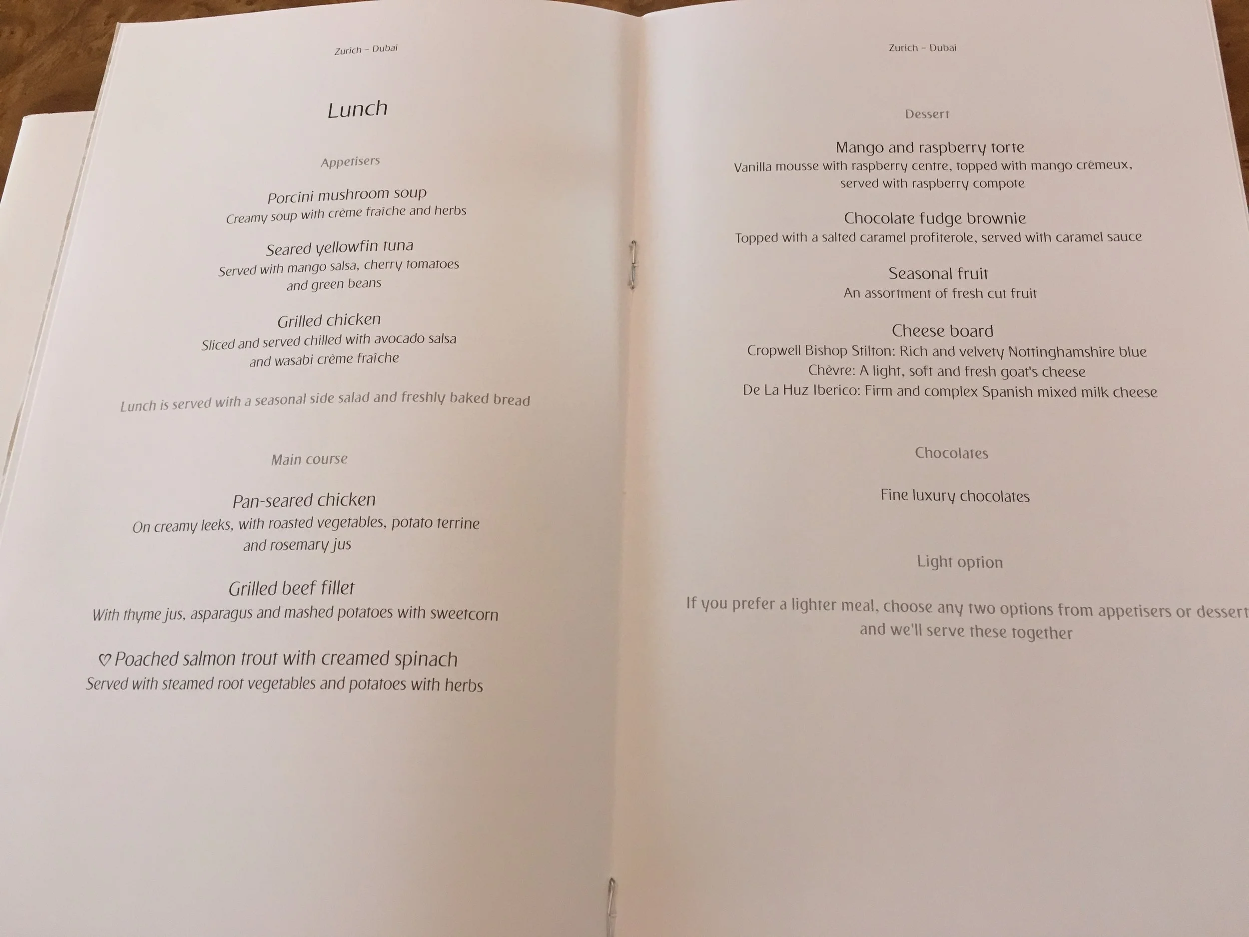 The lunch menu on this trip