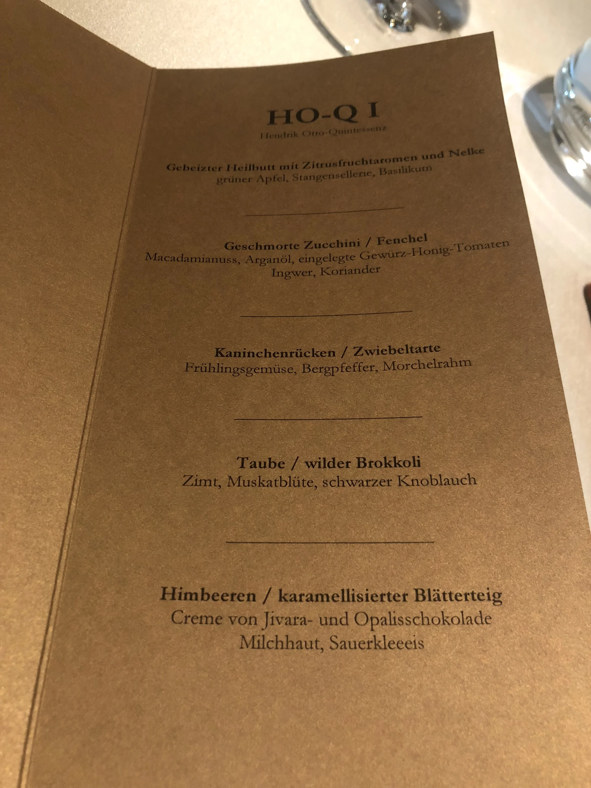 The chosen degustation menu HO-Q1