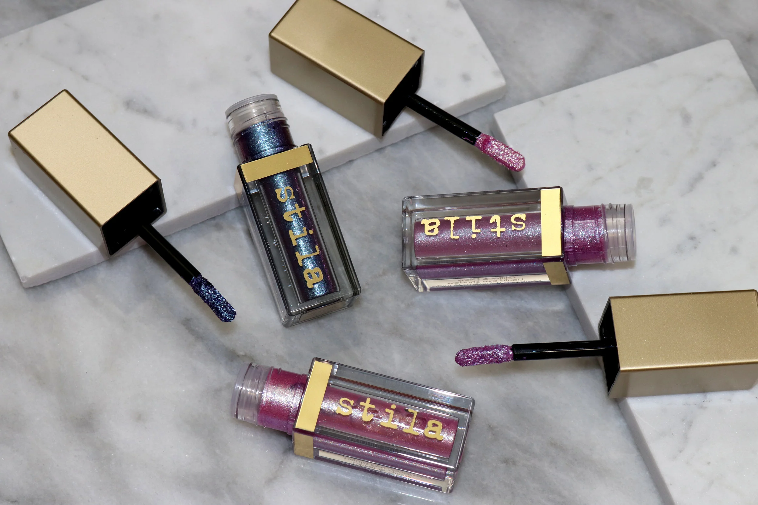 Stila Cosmetics Magnificent Metals Glitter & Glow Liquid Eye Shadow - Duo Chrome Shades - Sunset Cove, Into The Blue and Sea Siren - Review, Photos & Swatches