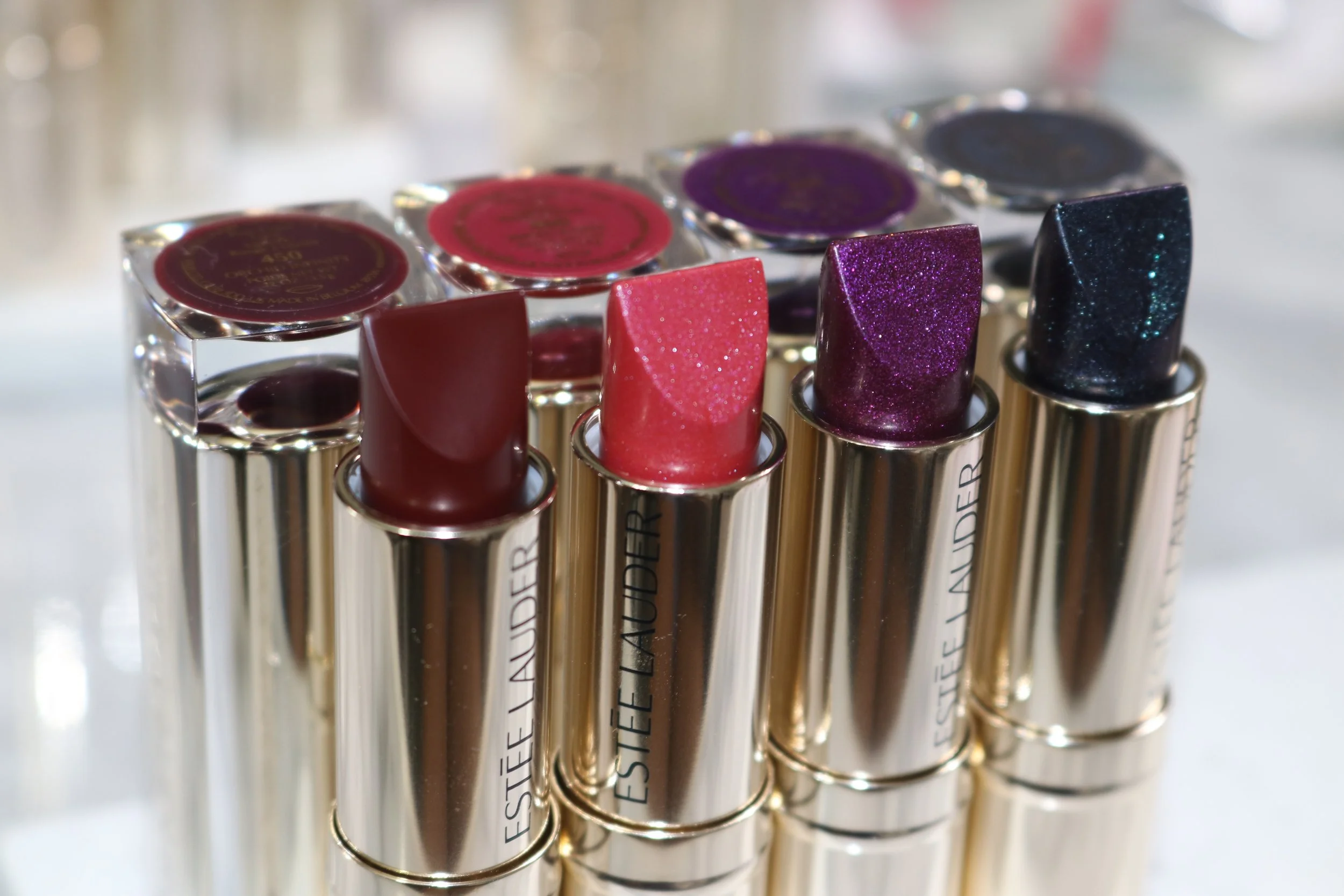 Swatches L to R: 450 Orchid Infinity (creme), 460 Ripped Raisin (shimmer pearl), 480 Nova Noir (cooled chrome), 470 Moon Rock (cooled chrome)