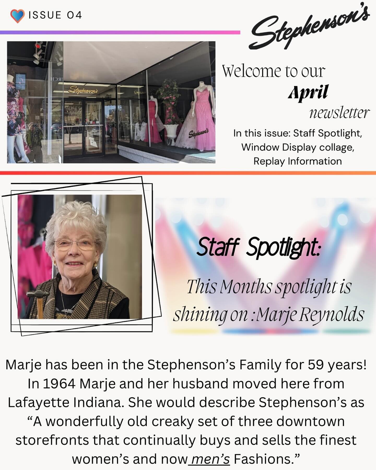 Welcome back to Stephenson&rsquo;s Staff Spotlights! 
This month we are celebrating Marje!! Check out Marje&rsquo;s bio for a little bit about her, as well as some of her favorite window displays!! Have any favorite Marje memories?? Let us know ❤️

W