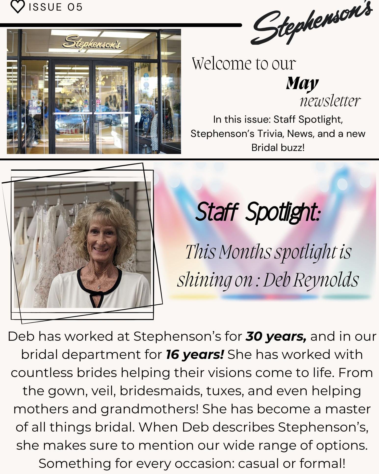 Welcome back to Stephenson&rsquo;s Staff Spotlights! 
This month we are celebrating Deb!! Check out Deb&rsquo;s bio for a little bit about her.
Have any favorite Deb memories?? Let us know ❤️
We will be sending these spotlights out in our newsletter 