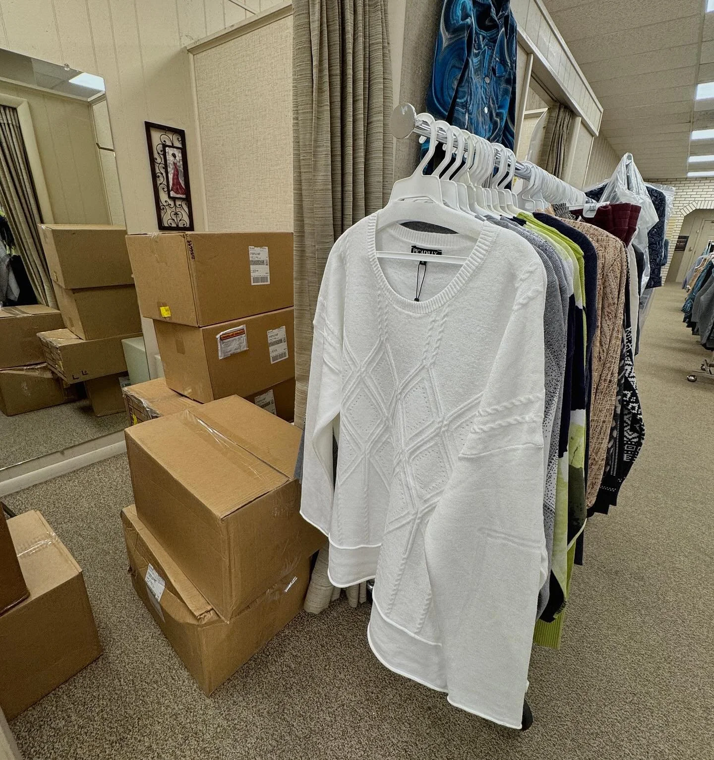 Time for a little competition! Guess in the comments how many items we received today (hint: we got 18 boxes of new merchandise for fall!) - whoever has the closest guess by noon tomorrow gets an exclusive discount on a new fall style of their choosi