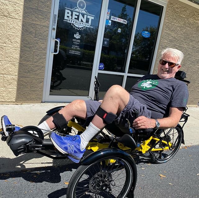 Jim is ready to ride on his Shimano Steps HP Velotechnik Scorpion Plus. #bentrevolution #recumbenttrike. #recumbentbike