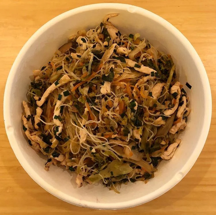 HsinChu Rice Noodles (新竹米粉) served with savoy cabbage, carrots, garlic chives, and shiitake mushrooms (shown here with added chicken option)