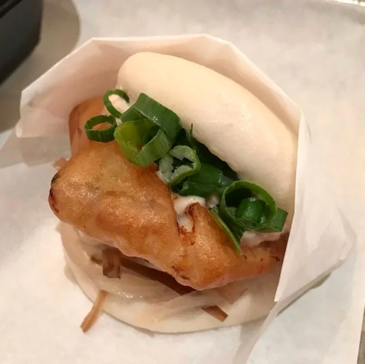 Tempura'd Fish Gwa Bao with housemade tartar sauce, pickled papaya, scallions