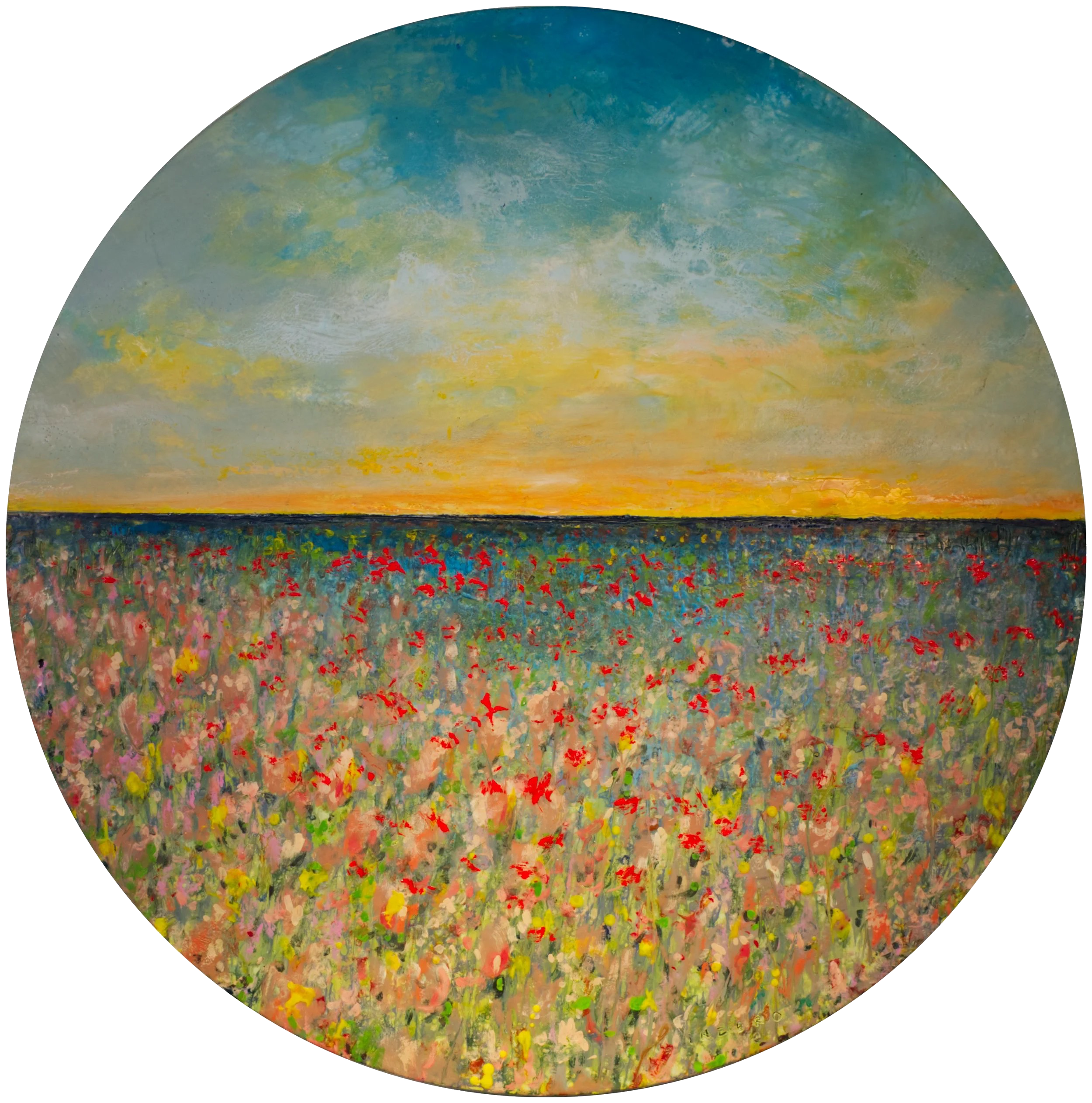 Last Night Sunset, 2025. Encaustic on wood panel. Dia. 39 x 2 (d) in (panel).