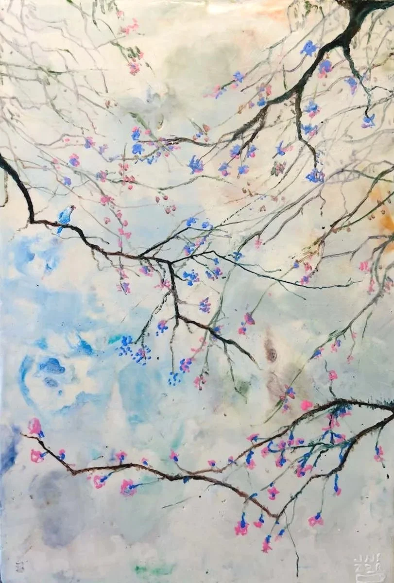 Spring No. 2, 2026. Encaustic on wood panel. 24 x 16 x 2 in (panel). $1,800.