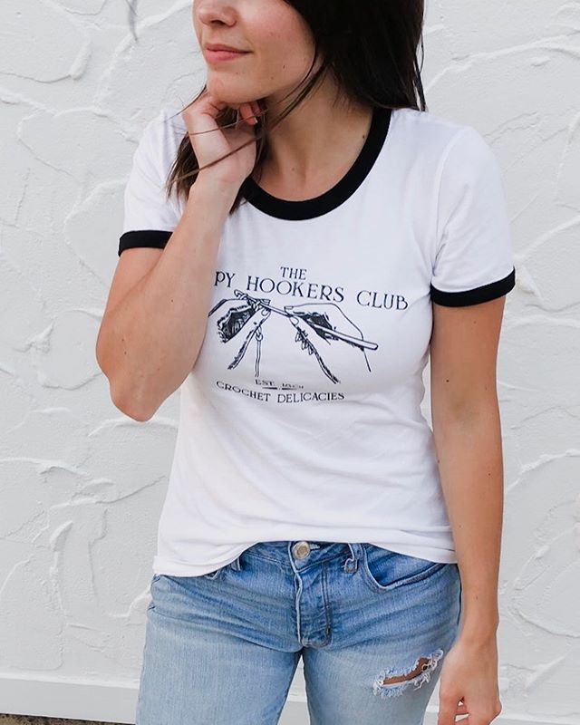 Alert! 🚨 the Happy Hookers Club design is printed on a new tee! It may or may not result in you turning into Beyonc&eacute; (swipe for proof). No promises just sharing my experience. They&rsquo;ll be in the Etsy shop tonight 👊
.
.
#megmadewithlove 