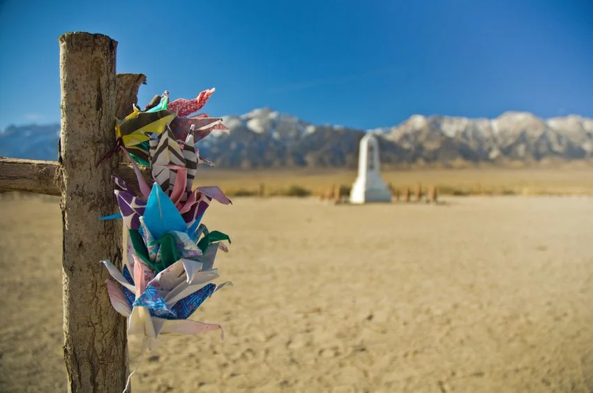 Colorful cranes are displayed at the Manzanar National Historic Site